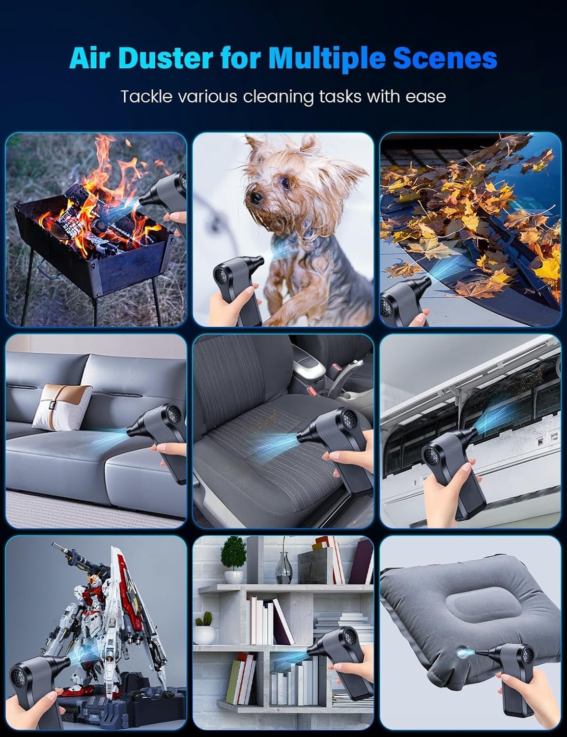 Solareye Compressed Air Duster-3-Gear Adjustable Electric Air Duster, Rechargeable Cordless Air Blower with Brushless Motor, Powerful Air Duster for Keyboard, PC, Air Bed and Home Cleaning - Image 7