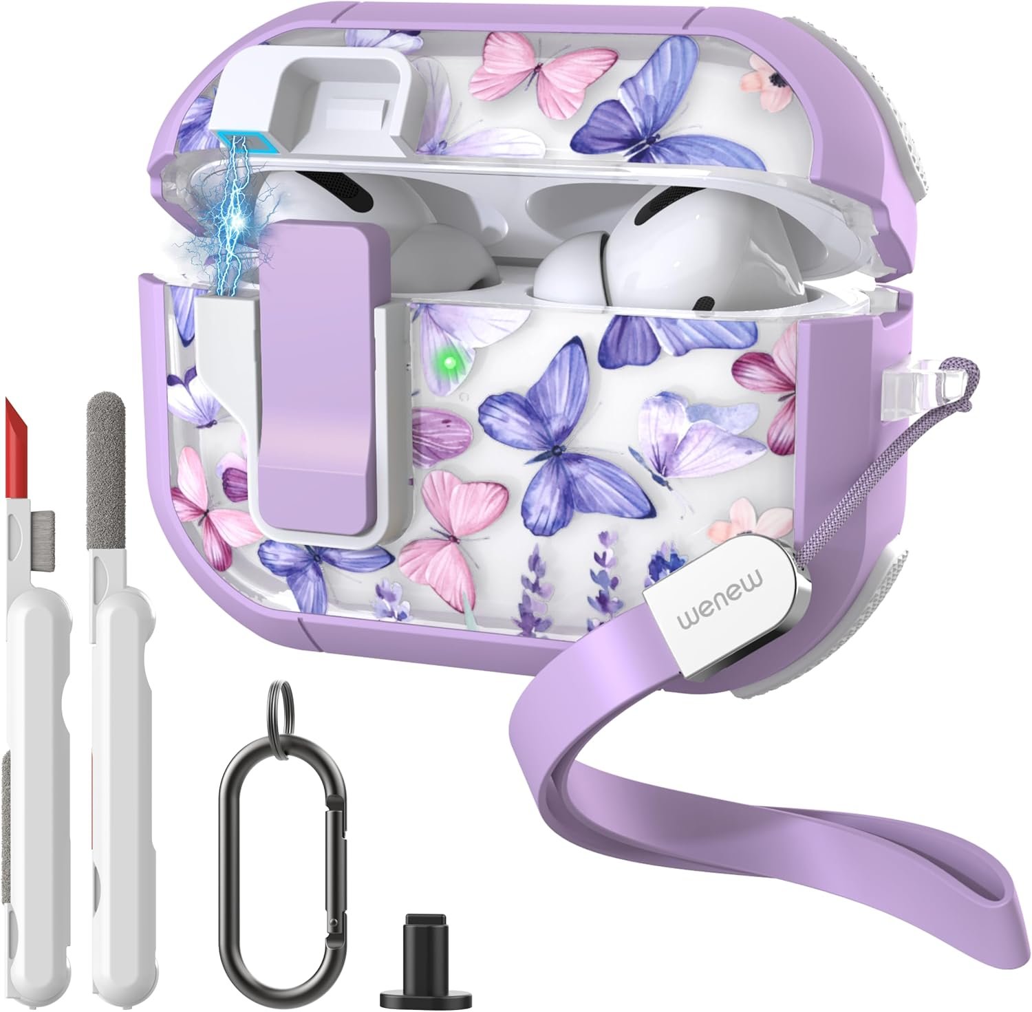 WENEW Case for AirPods Pro & Pro 2 Case Cover Secure Lock Automatic Snap Switch Clip Cleaner Kit Lanyard Women Stylish Hard Shell Full Body Front LED Visible (Purple Butterfly, AirPods Pro & Pro 2) - Image 2