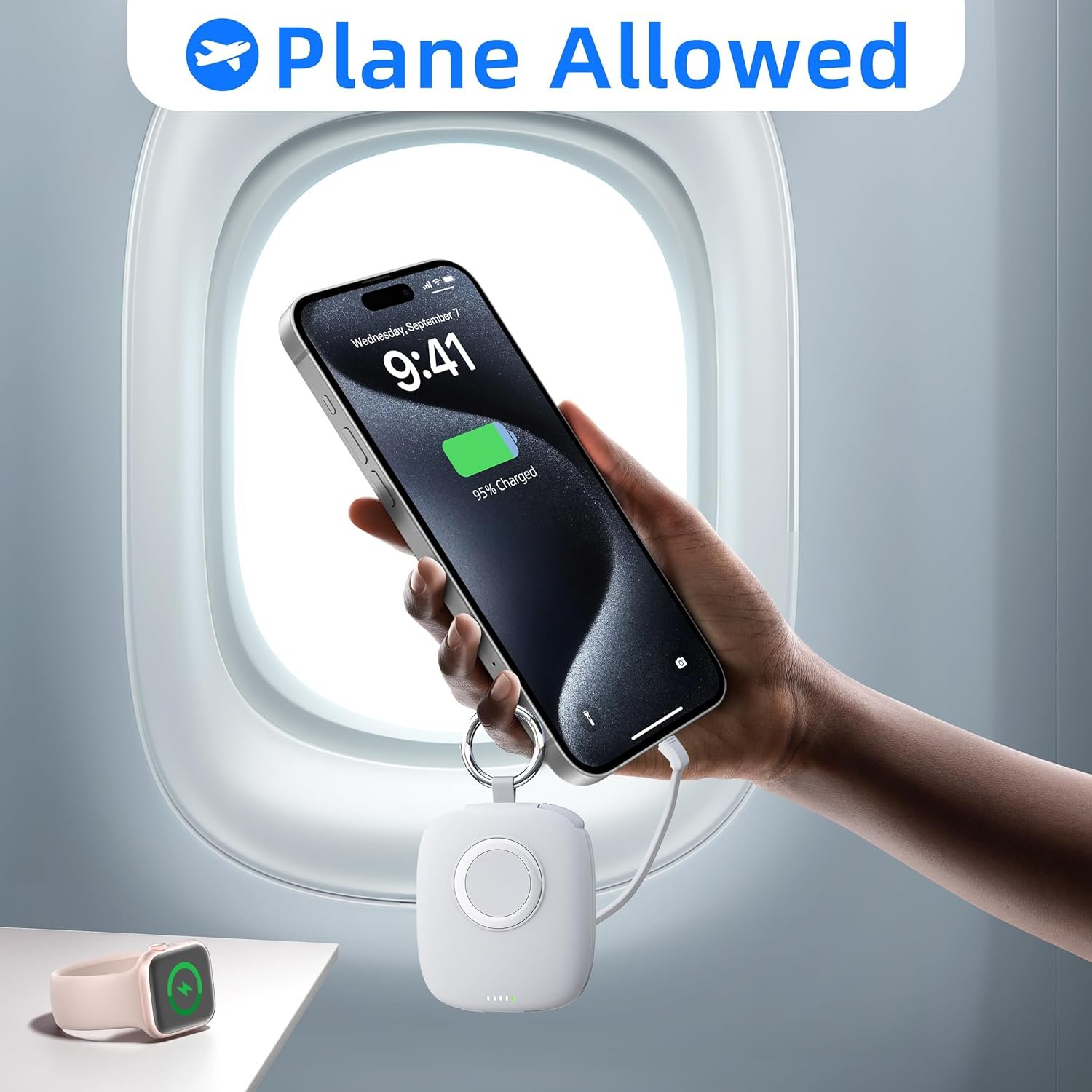 Portable Watch Charger for Apple Watch,5000mAh Wireless i Watch Charger,Power Bank with Built-in Cable,Travel Keychain Charger for Apple Watch S 9/8/7/6/5/4/3/2/SE/Ultra 2,iPhone 15/14/13/12/11(White) - Image 6