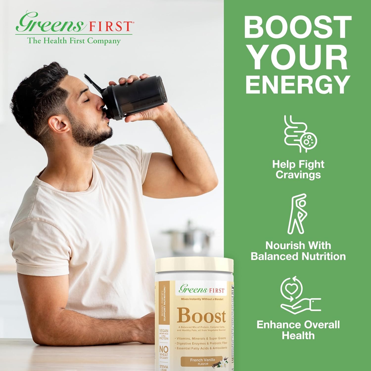 Greens First Boost - Plant-Based Protein & Balanced Nutrition - Superfood Shake Mix - No Wheat or Soy - Dairy-Free - Vegan - French Vanilla, 12.06 oz. - Image 5