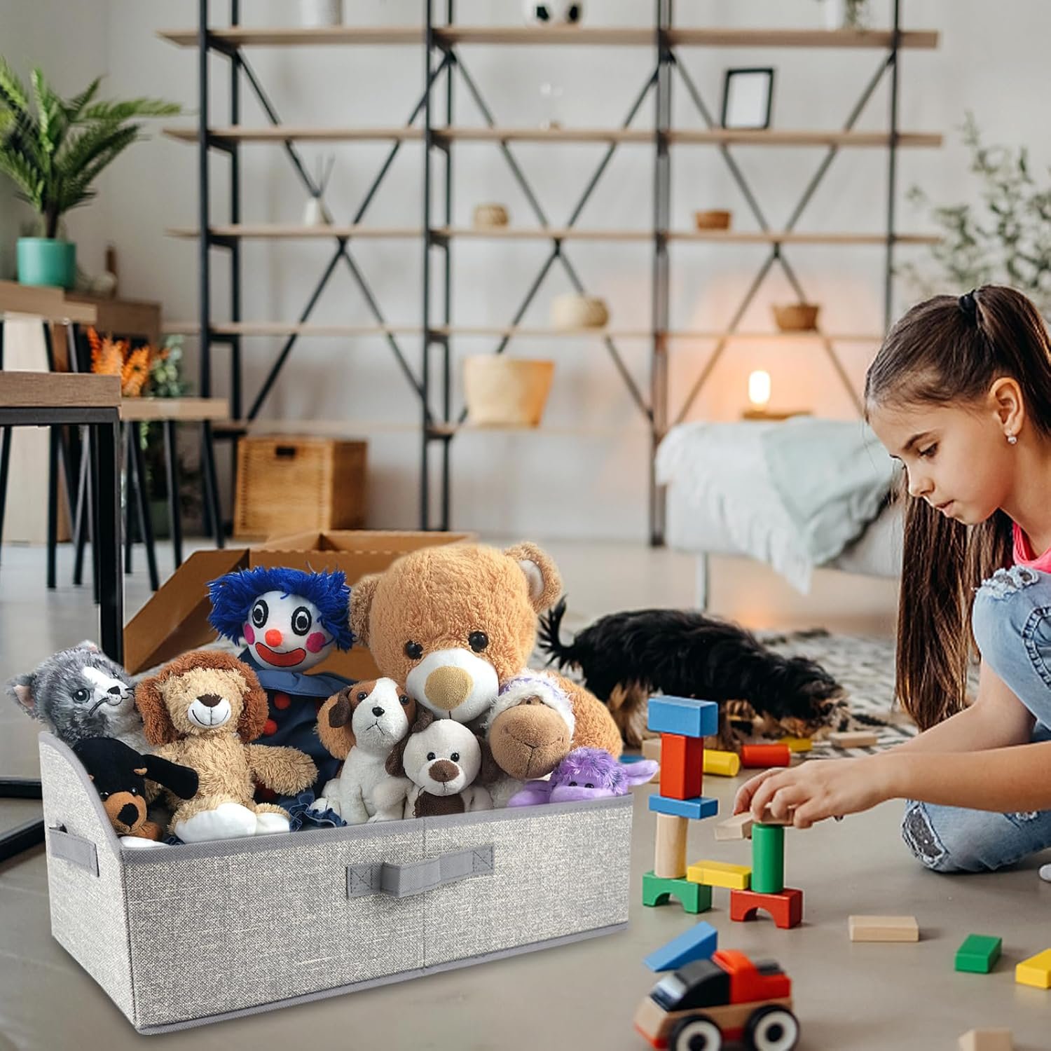 Non-woven Fabric Dog Toys Storage Box & Dog Accessories Basket with 3 Handles, Foldable and Portable Dog Toy Bin, Perfect for Pet Toys and Blankets, Grey - Image 3