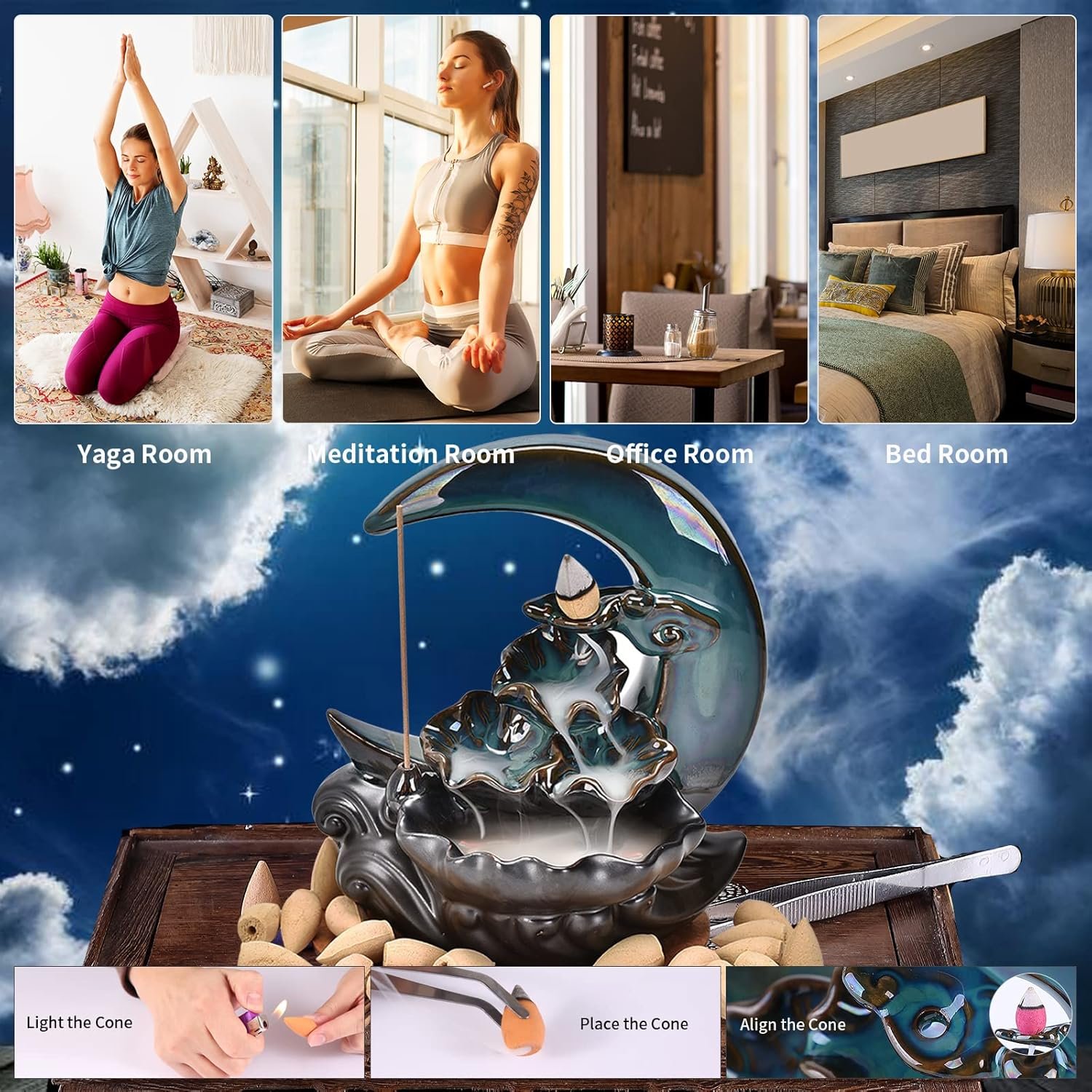 New Moon Backflow Incense Holder, Ceramic Hand-Made Incense Fountain Burner with 100 Backflow Incense Cones,Fragrance Incense Stick,mat,Aromatherapy Home Decoration - Image 8