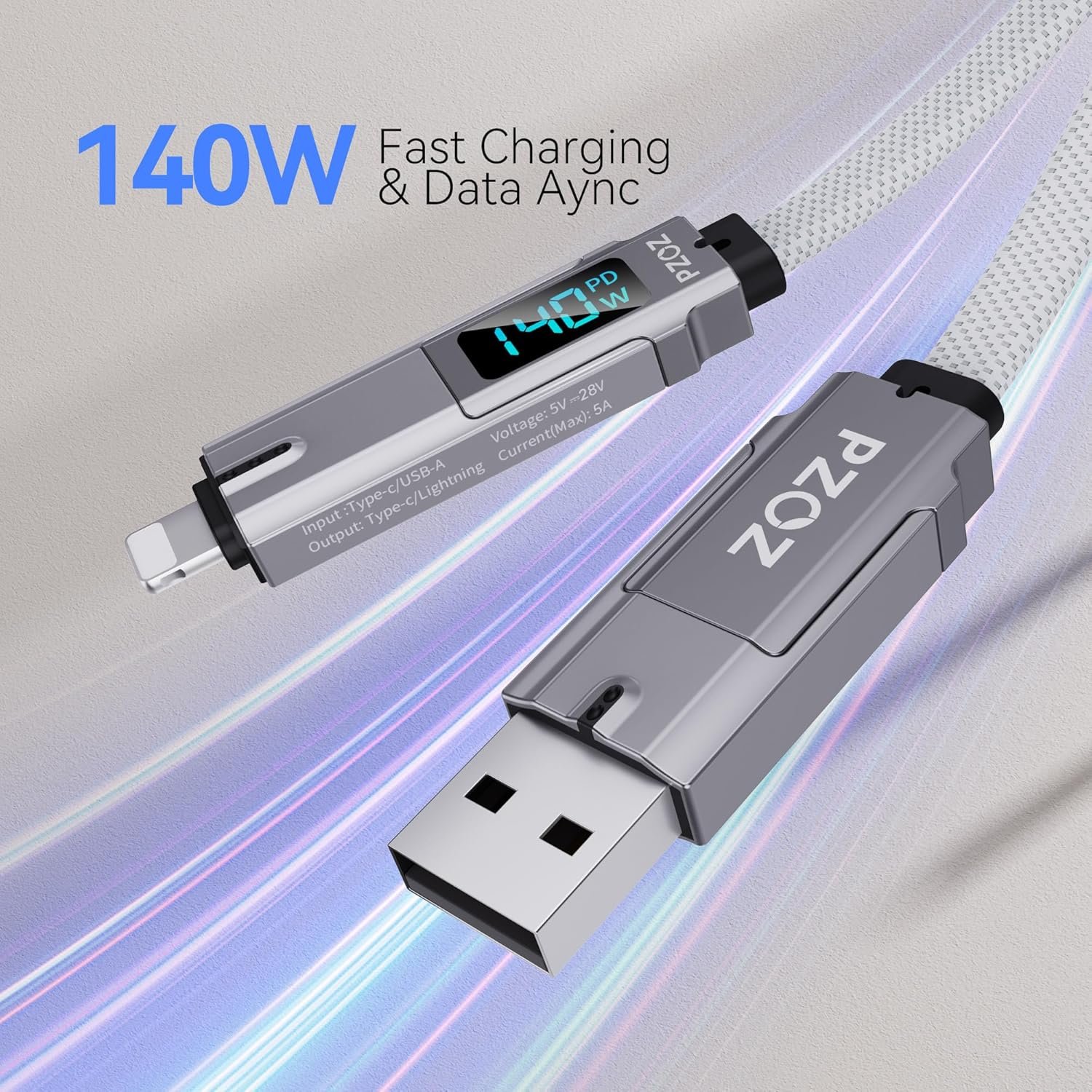 pzoz 4-in-1 USB C Fast Charging Cable with LED Display, Multi USBC Charger Combo Lightning/Type C/USB A Metal Ports for iPhone 16/15/14 Pro Max iPad MacBook AirPods Pro Samsung Google (140W, 5 ft) - Image 3
