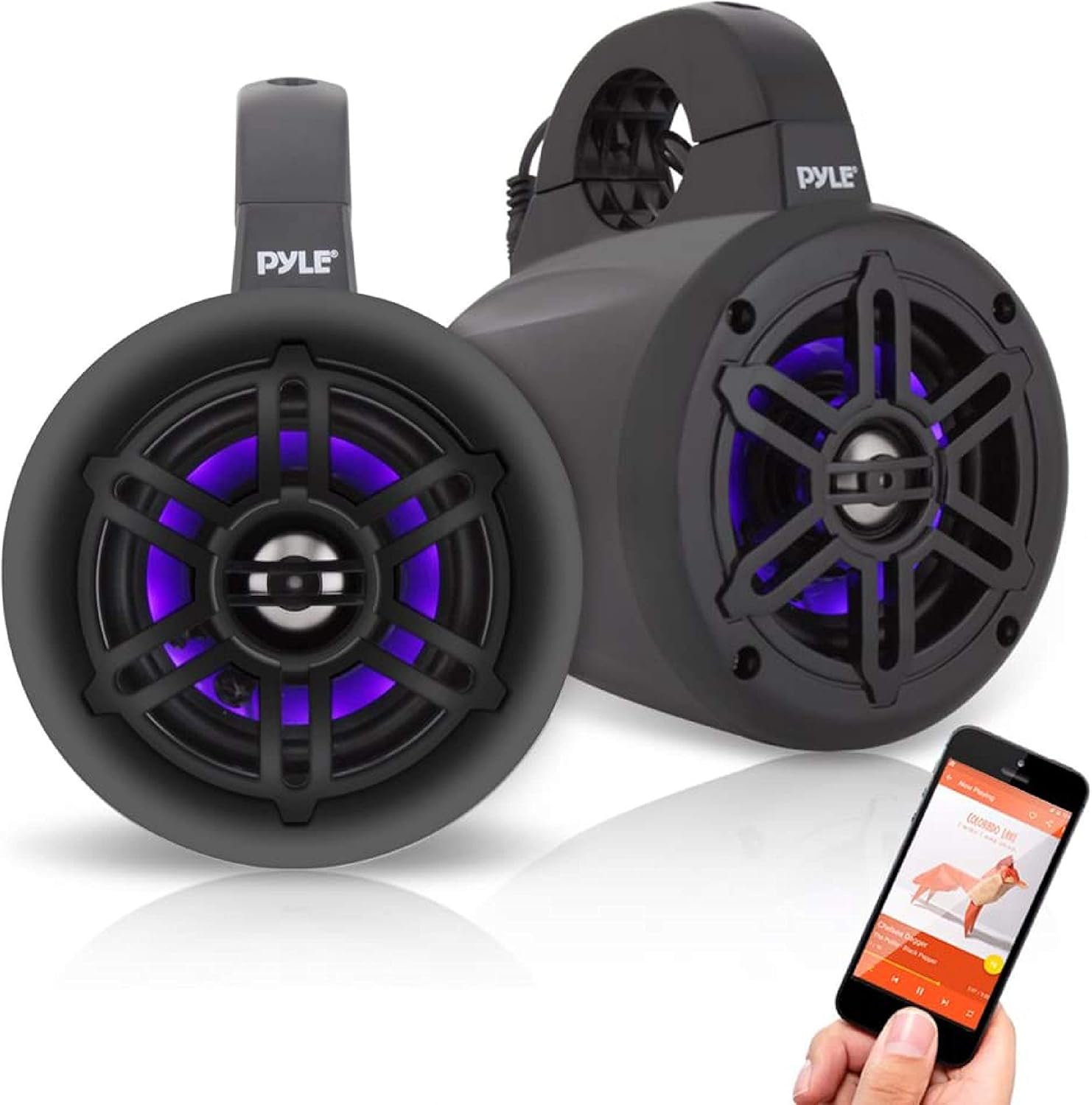 Pyle Waterproof Marine Wakeboard Tower Speakers - 4 Inch Dual Subwoofer Speaker Set w/LED Lights & Bluetooth for Wireless Music Streaming - Boat Audio System w/Mounting Clamps PLMRLEWB47BB - Image 2