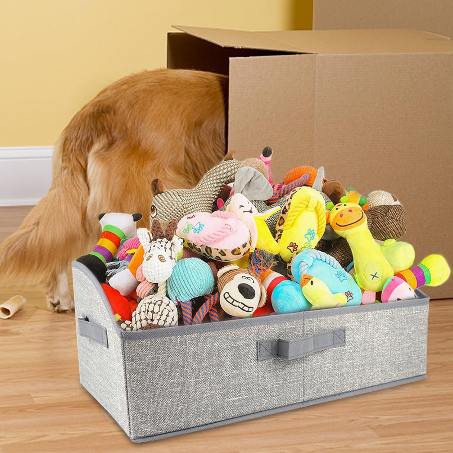 Non-woven Fabric Dog Toys Storage Box & Dog Accessories Basket with 3 Handles, Foldable and Portable Dog Toy Bin, Perfect for Pet Toys and Blankets, Grey - Image 7