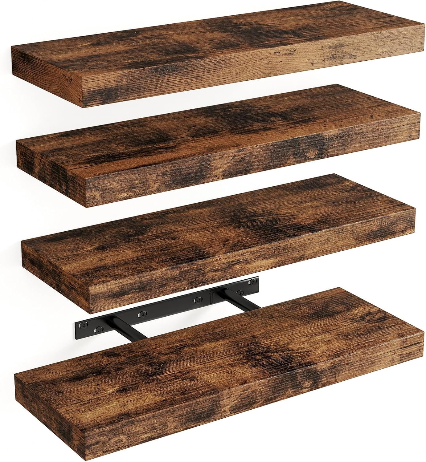 Fixwal 15.8in Floating Shelves, Rustic Wood Finish Wall Shelves Set of 4, Shelves for Wall Decor, with Invisible Brackets for Bathroom, Living Room,Bedroom and Kitchen(Rustic Brown) - Image 2