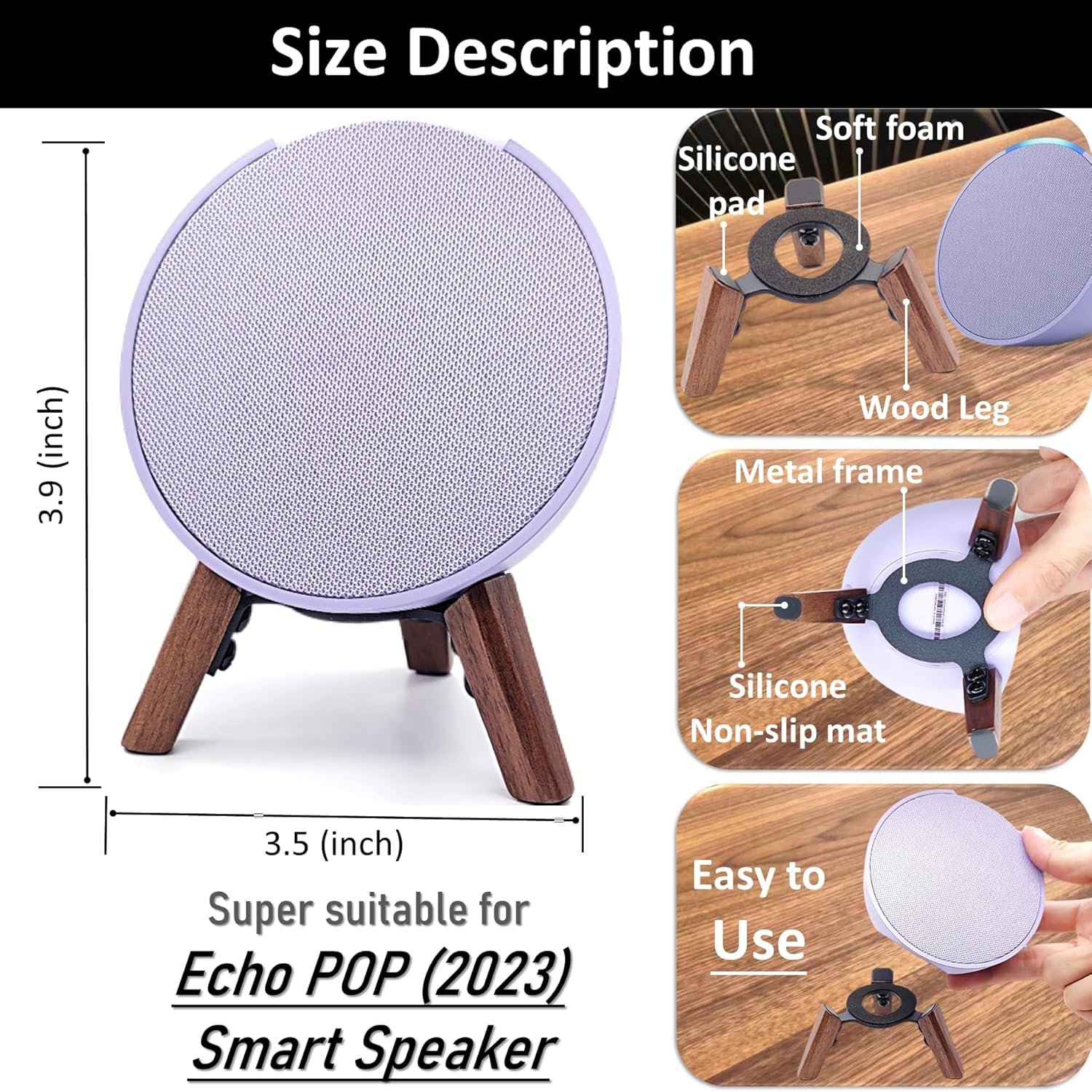 Real Wood Stand for Echo Pop Speaker (2023),Tripod Accessories Holder Echo pop for Better Sound,Secure Sturdy Wooden Mount for Alexa Pop (Walnut) - Image 4
