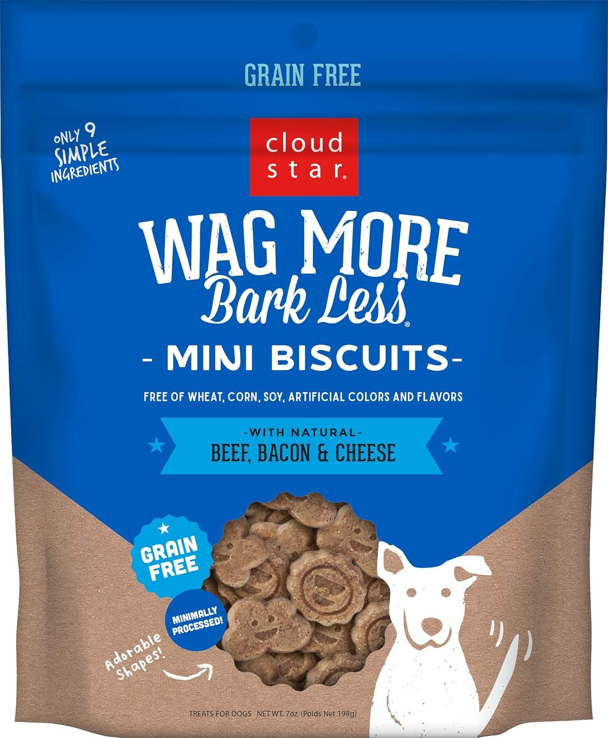Cloud Star Wag More Bark Less Mini Crunchy Grain Free Dog Treats, Beef, Bacon & Cheese, 7 oz. Pouch - Image 2