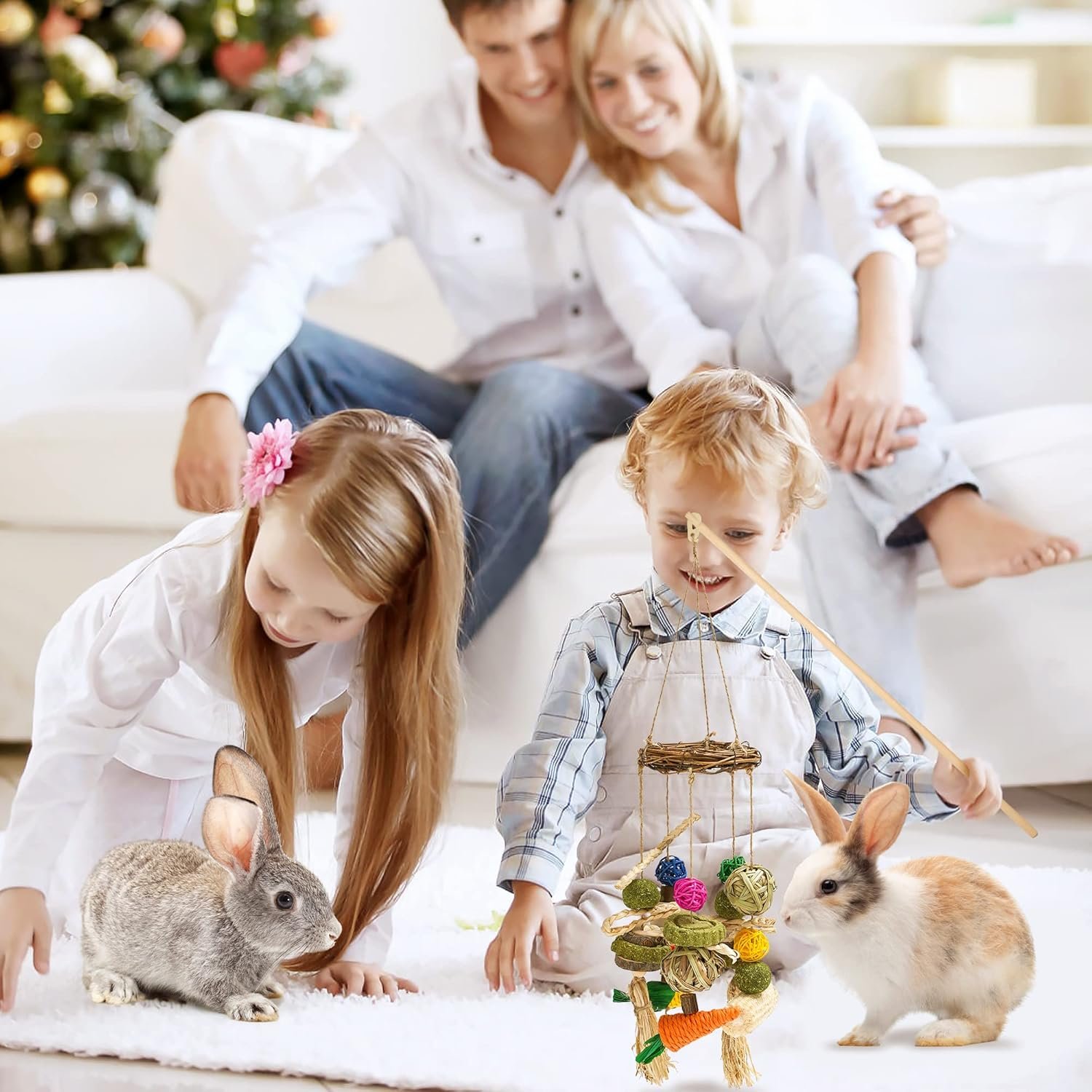 Rabbit Chew Toys for Teeth, Bunny Cage Hanging Chew Toys and Treats for Rabbits, Rattan Ring with Snacks for Guinea Pigs Hamsters Chinchillas Rats Gerbils and Other Small Pets Teeth Grinding - Image 8