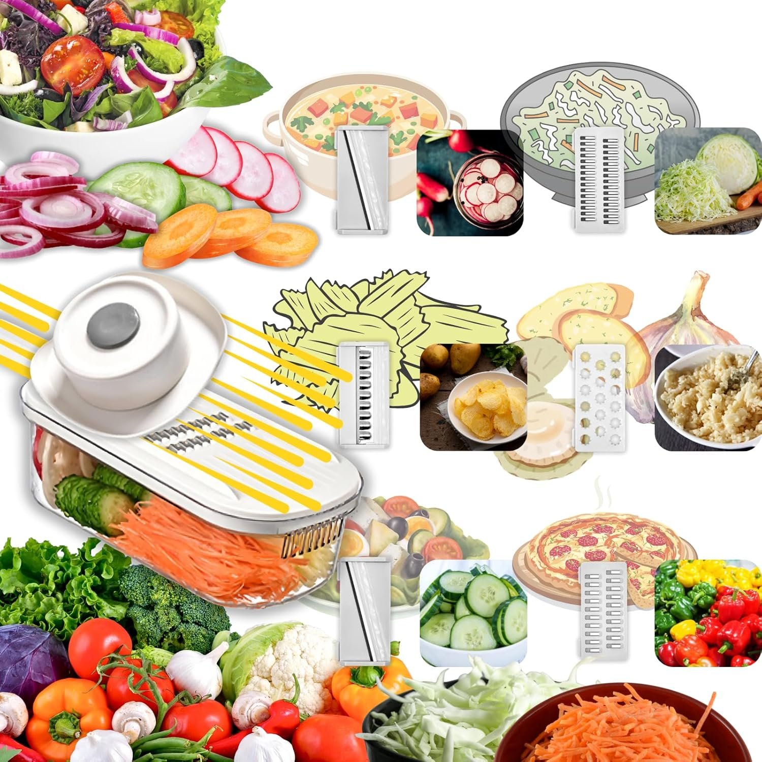10 Jane Kitch Safe Mandoline Slicer for Kitchen, 6 in 1 Multi Purpose Vegetable Slicer Veggie Slicer Cutter, Potato Slicer, Vegetable Chopper Veggie Chopper with Container and Lid for Salad - Image 2