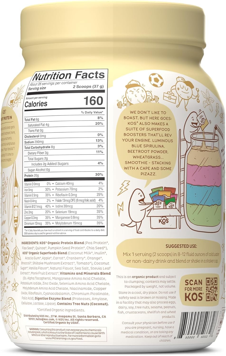 KOS Vegan Protein Powder Erythritol Free, Vanilla USDA Organic - Pea Protein Blend, Plant Based Superfood Rich in Vitamins & Minerals - Keto, Dairy Free - Meal Replacement for Women & Men, 28 Servings - Image 9