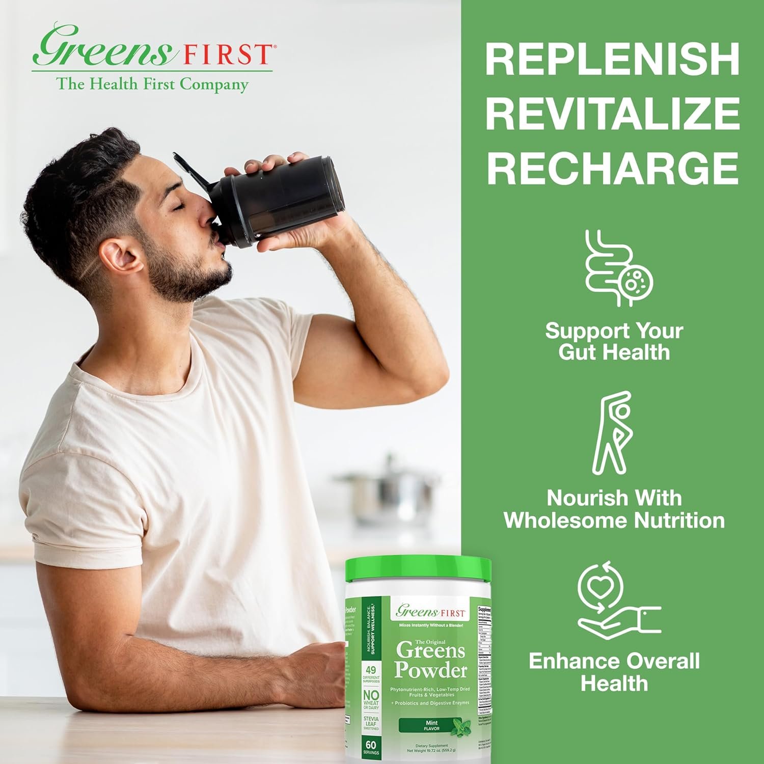 Greens First - Mint - 60 Servings - Greens Powder Superfood, 49 Organic Fruit & Vegetable Superfoods, Antioxidant Juice Smoothie Mix Supplement, Dairy Free, Vegan & Non-GMO - 19.72 oz - Image 5