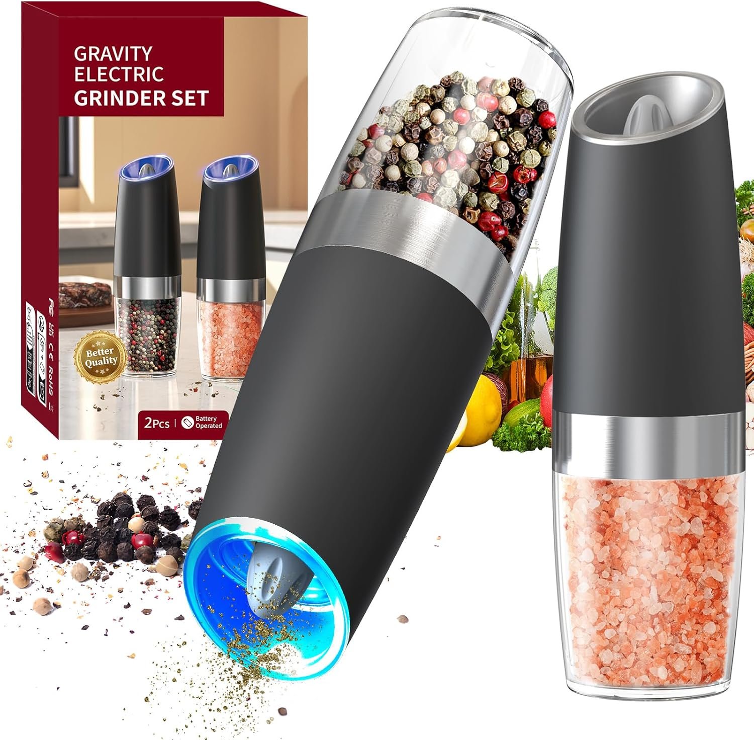 CIRCLE JOY Graviry Electric Salt and Pepper Grinder Set Automatic Salt and Pepper Grinder Set with LED Light, Battery Operated, Adjustable Coarseness, Large Capacity, for Home Kitchen BBQ - Image 2