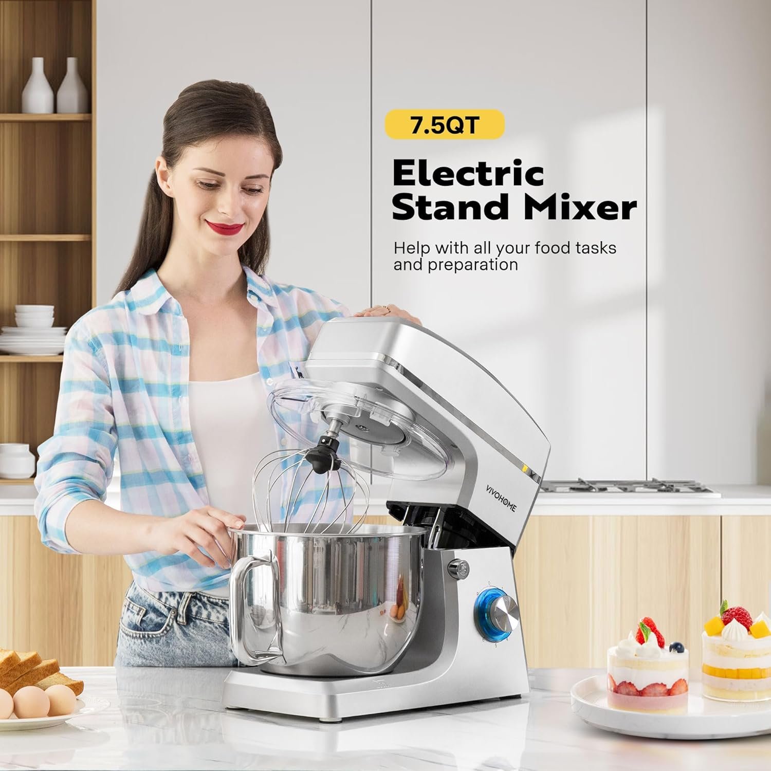 VIVOHOME 7.5 Quart Stand Mixer, 660W 6-Speed Tilt-Head Kitchen Electric Food Mixer with Beater, Dough Hook, Wire Whip, and Egg Separator, Silver - Image 3