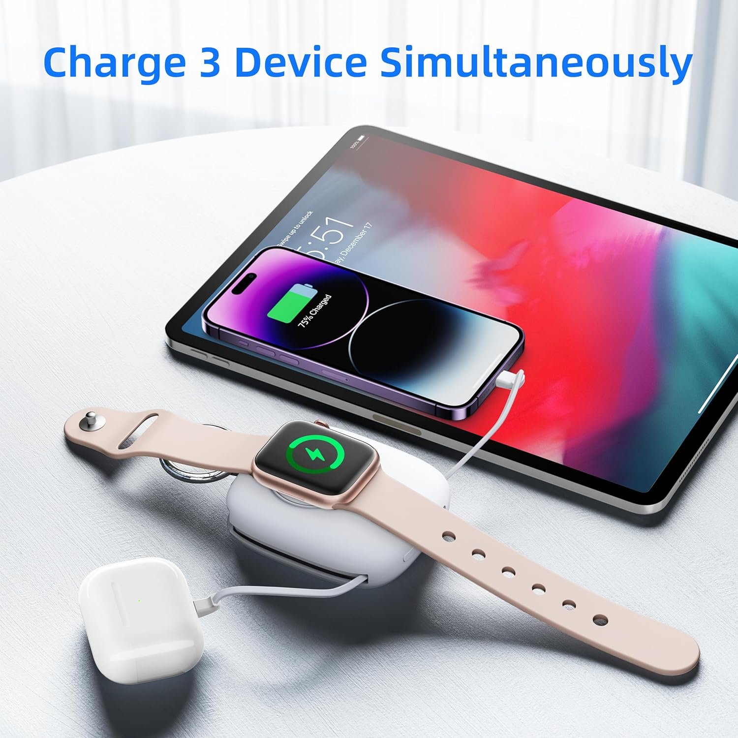 Portable Watch Charger for Apple Watch,5000mAh Wireless i Watch Charger,Power Bank with Built-in Cable,Travel Keychain Charger for Apple Watch S 9/8/7/6/5/4/3/2/SE/Ultra 2,iPhone 15/14/13/12/11(White) - Image 5