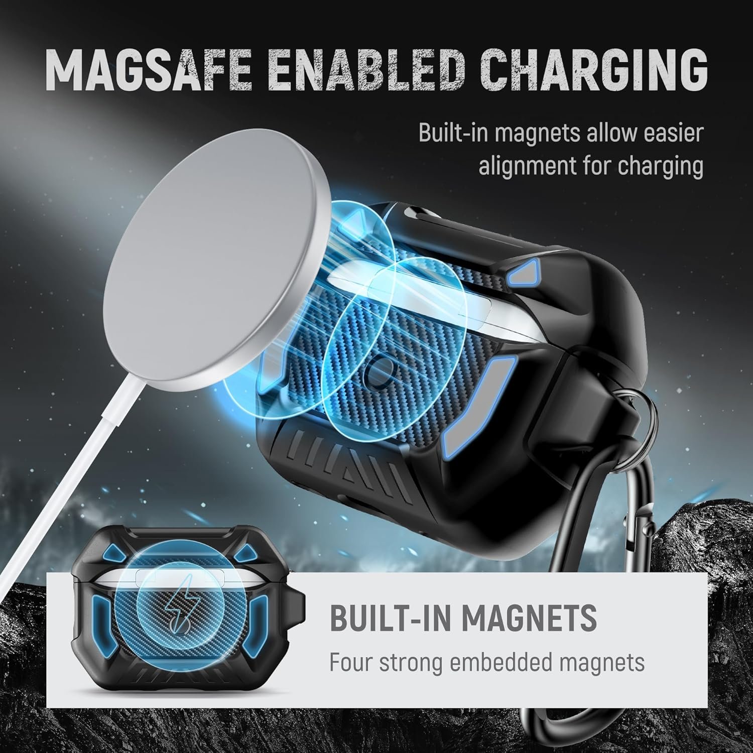 MOBOSI for Airpods Pro Case(2nd/1st Gen), Compatible with MagSafe, Carbon Fiber AirPods Pro 2nd Generation Case, Magnetic Lid, Hard Shell Protective Case Cover with Keychain(2023/2022/2019), Black - Image 3