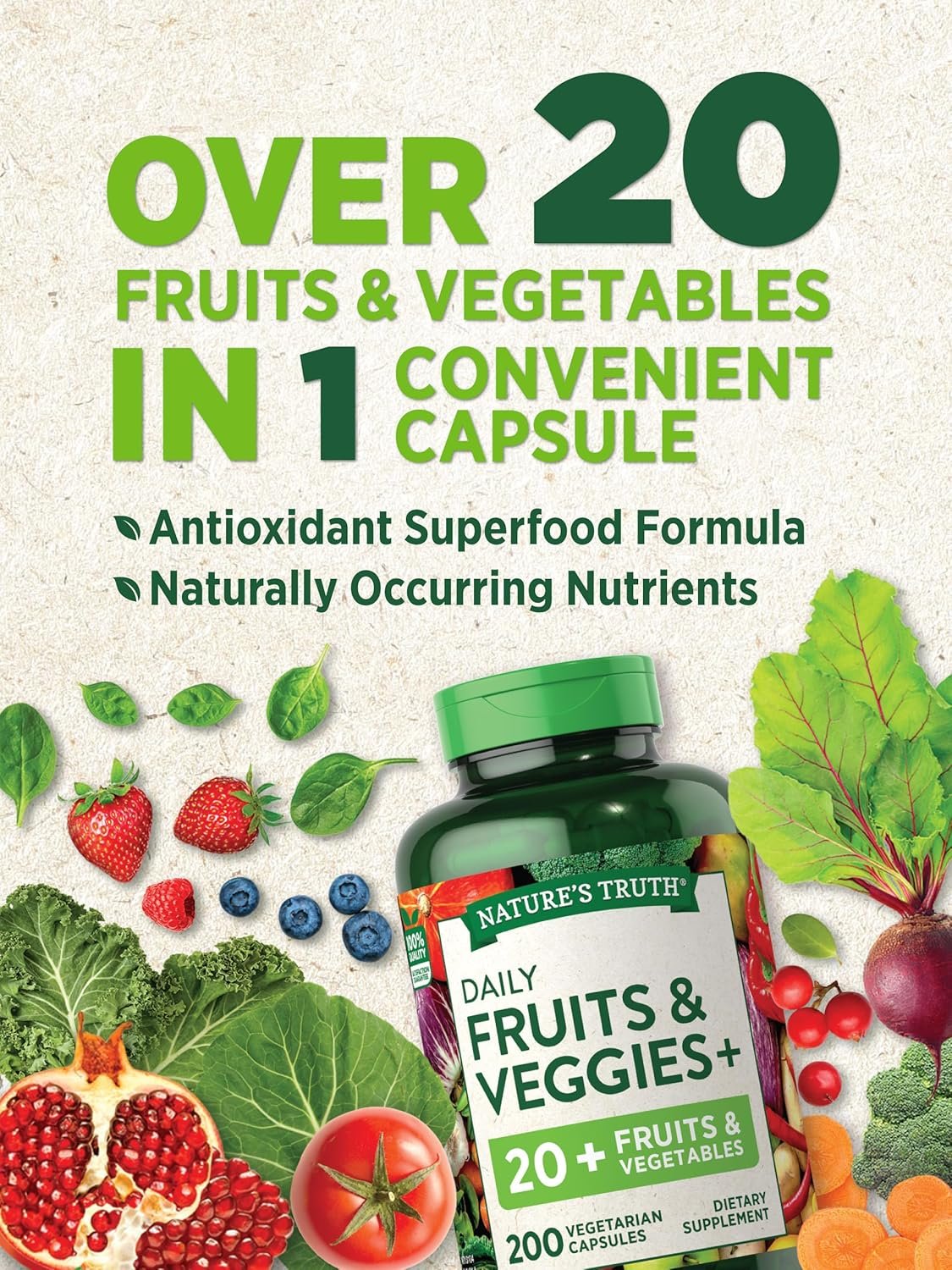 Nature's Truth Fruit and Veggies Supplement | 200 Vegetarian Capsules | 20+ Fruits & Vegetables | Vegetarian, Non-GMO, and Gluten Free Supplement - Image 4