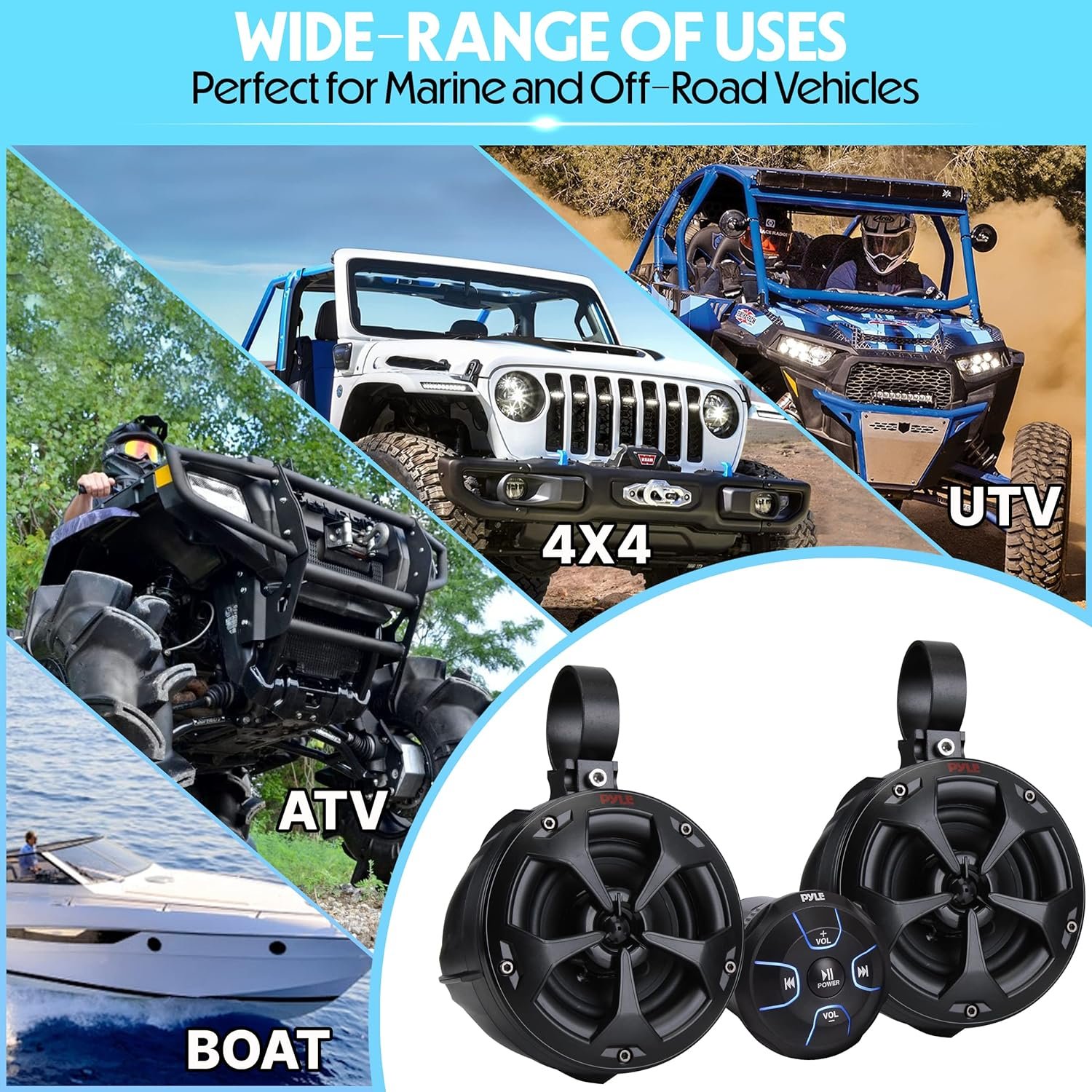 Pyle 2-Way Dual Bluetooth Off-Road Speakers - 4 Inch 800W Marine Waterproof Wakeboard, Full Range Outdoor for ATV, Snow Mobile UTV, Quad, Jeep, Boat PLUTV46BTA, Black - Image 6