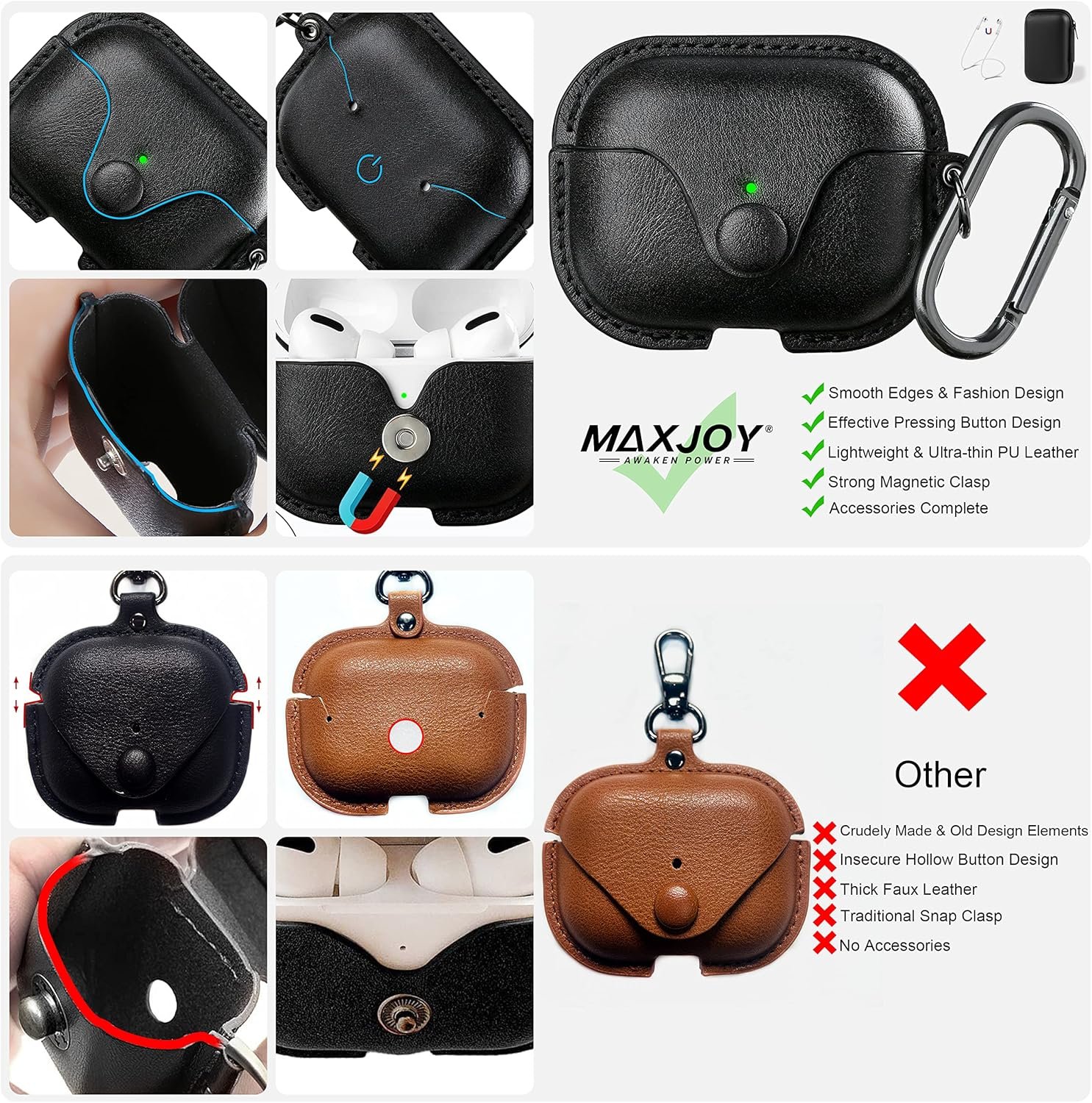 Maxjoy for AirPods Pro 2 Case Leather, Airpods Pro Leather Case Cover with Keychain Airpods Strap Compatible with Apple Airpods Pro 2nd Generation 2023 2022/ AirPods Pro 2019 (Front LED Visible),Black - Image 3