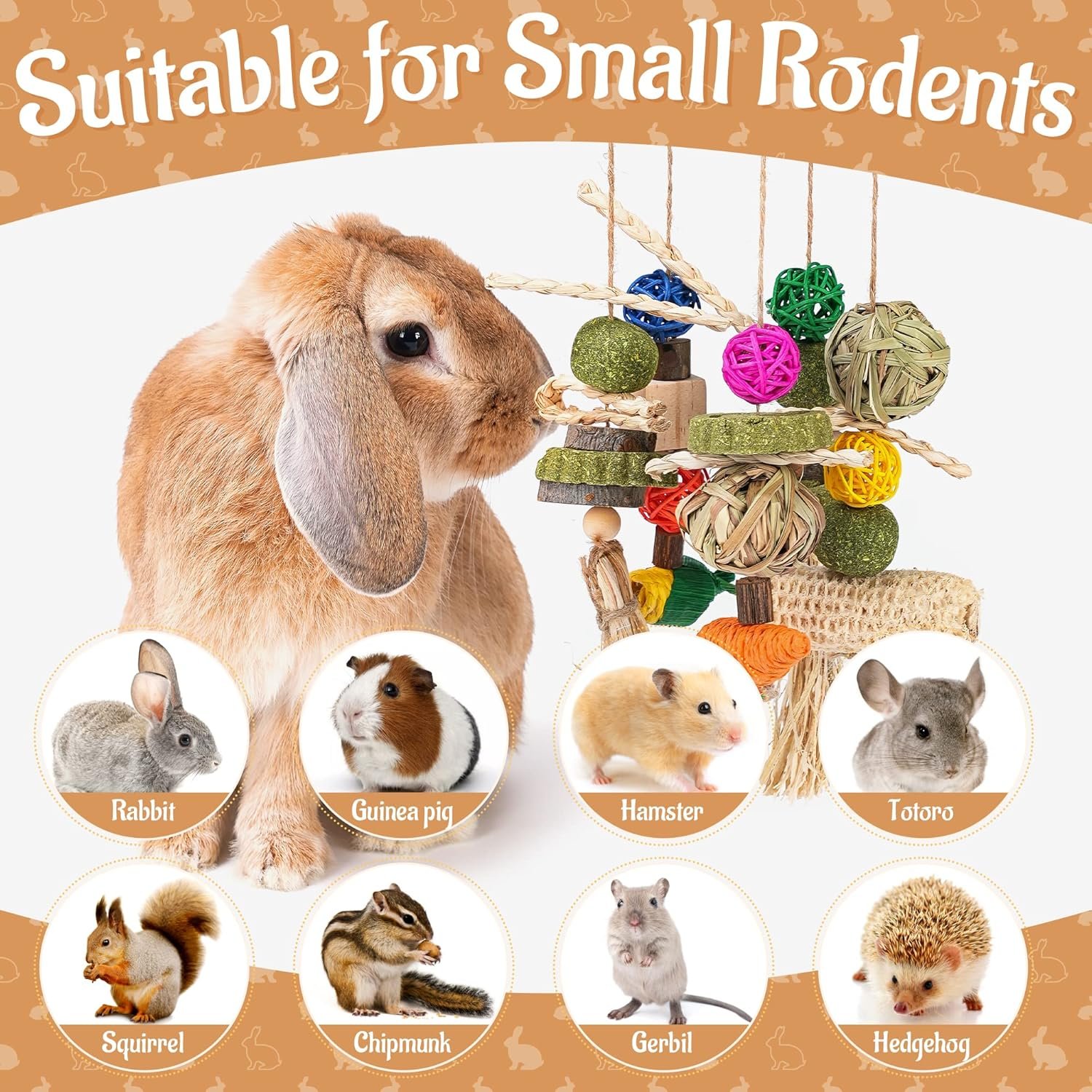 Rabbit Chew Toys for Teeth, Bunny Cage Hanging Chew Toys and Treats for Rabbits, Rattan Ring with Snacks for Guinea Pigs Hamsters Chinchillas Rats Gerbils and Other Small Pets Teeth Grinding - Image 7