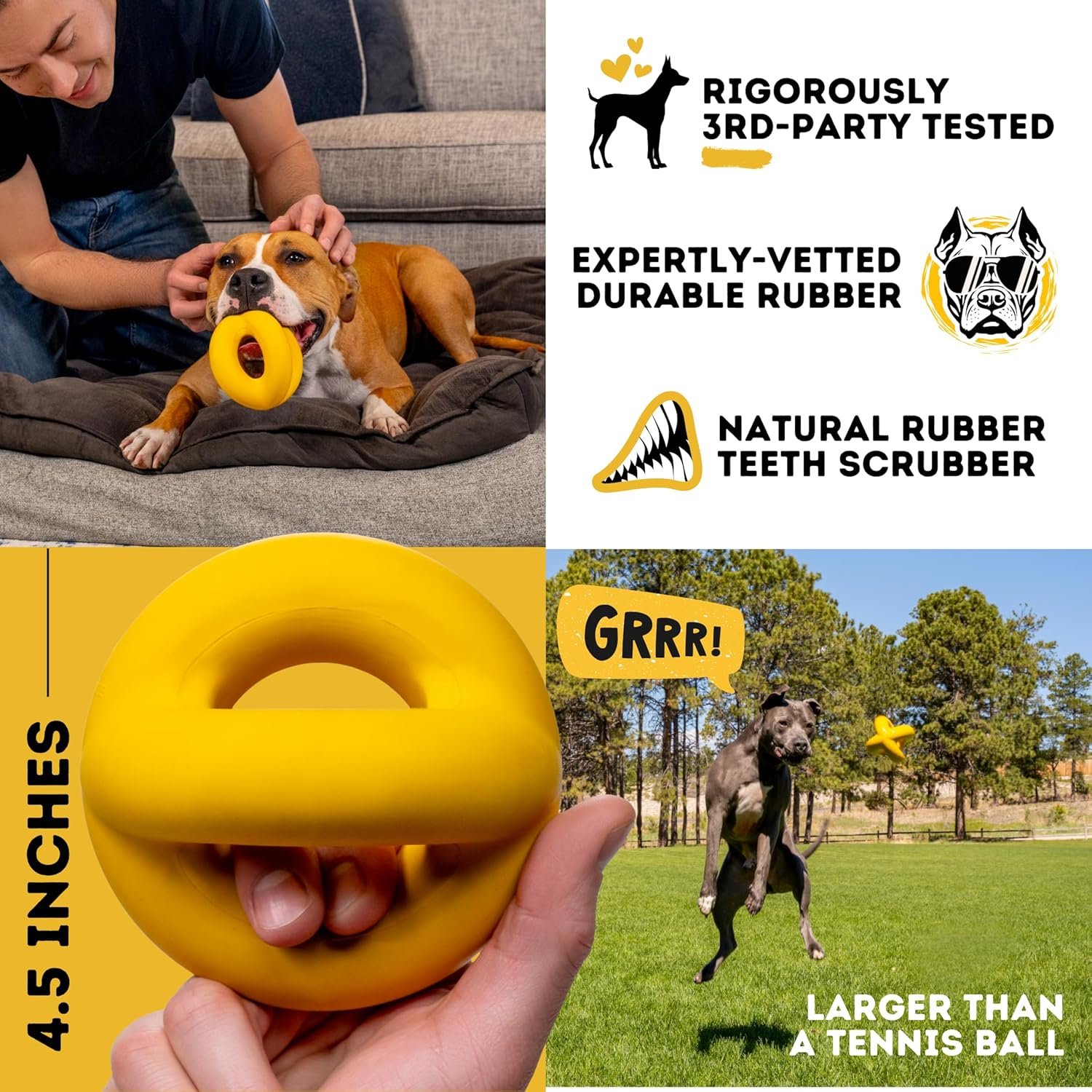 Indestructible Ring Ball - Lifetime Replacement - for Aggressive Chewers, Medium Large Breed - Non-Toxic Natural Rubber Dog Toys - Butter Scent, Yellow (Highly Visible Color for Dogs) - 4.5” - Image 6