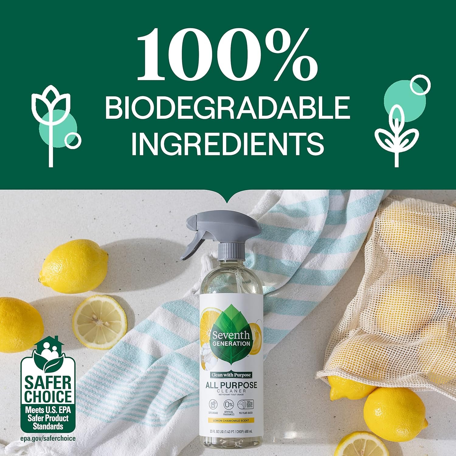 Seventh Generation All Purpose Cleaning Spray Surface Cleaner Lemon Chamomile scent Cuts Grease 23 oz, Pack of 4 - Image 7