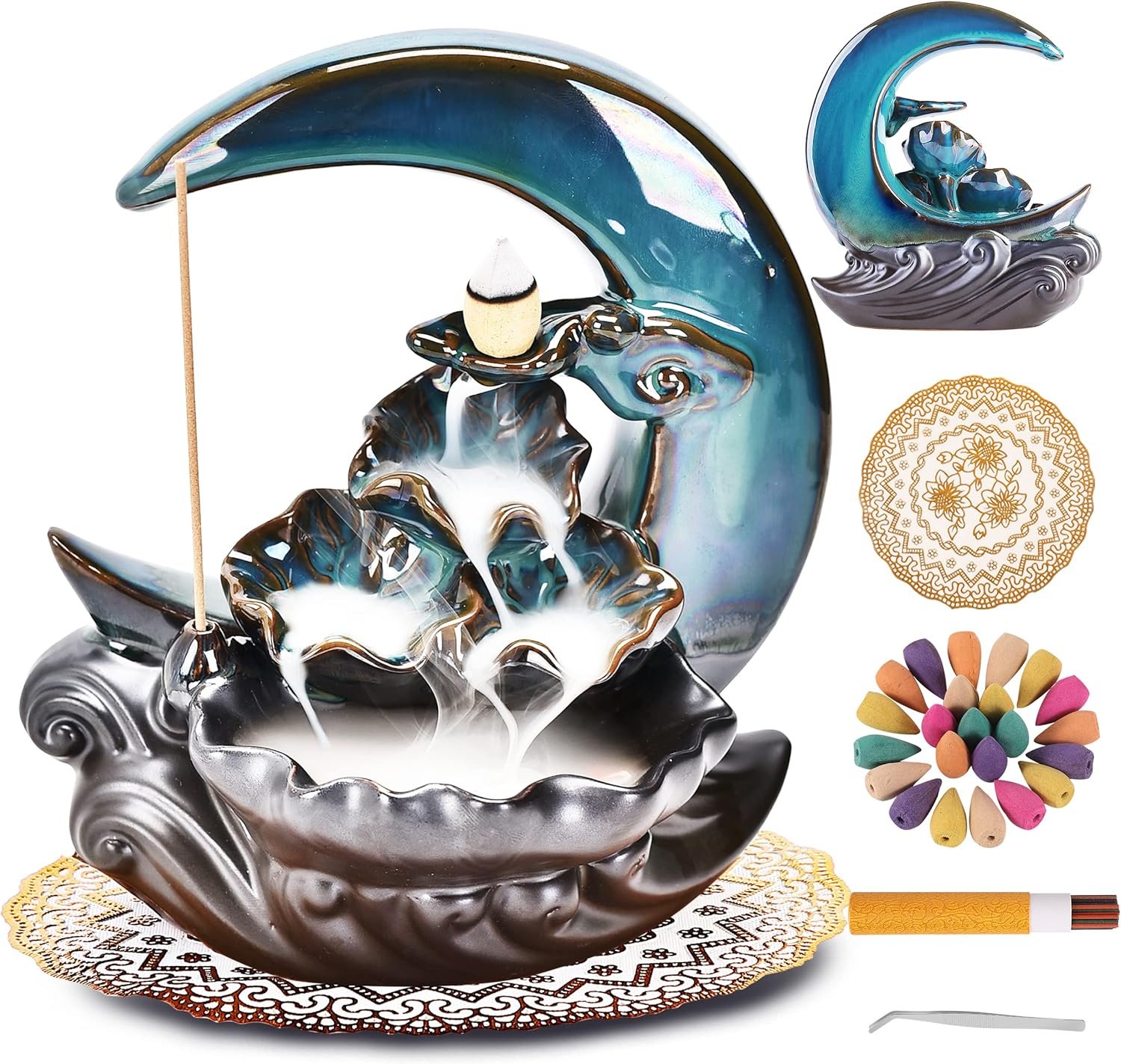 New Moon Backflow Incense Holder, Ceramic Hand-Made Incense Fountain Burner with 100 Backflow Incense Cones,Fragrance Incense Stick,mat,Aromatherapy Home Decoration - Image 2