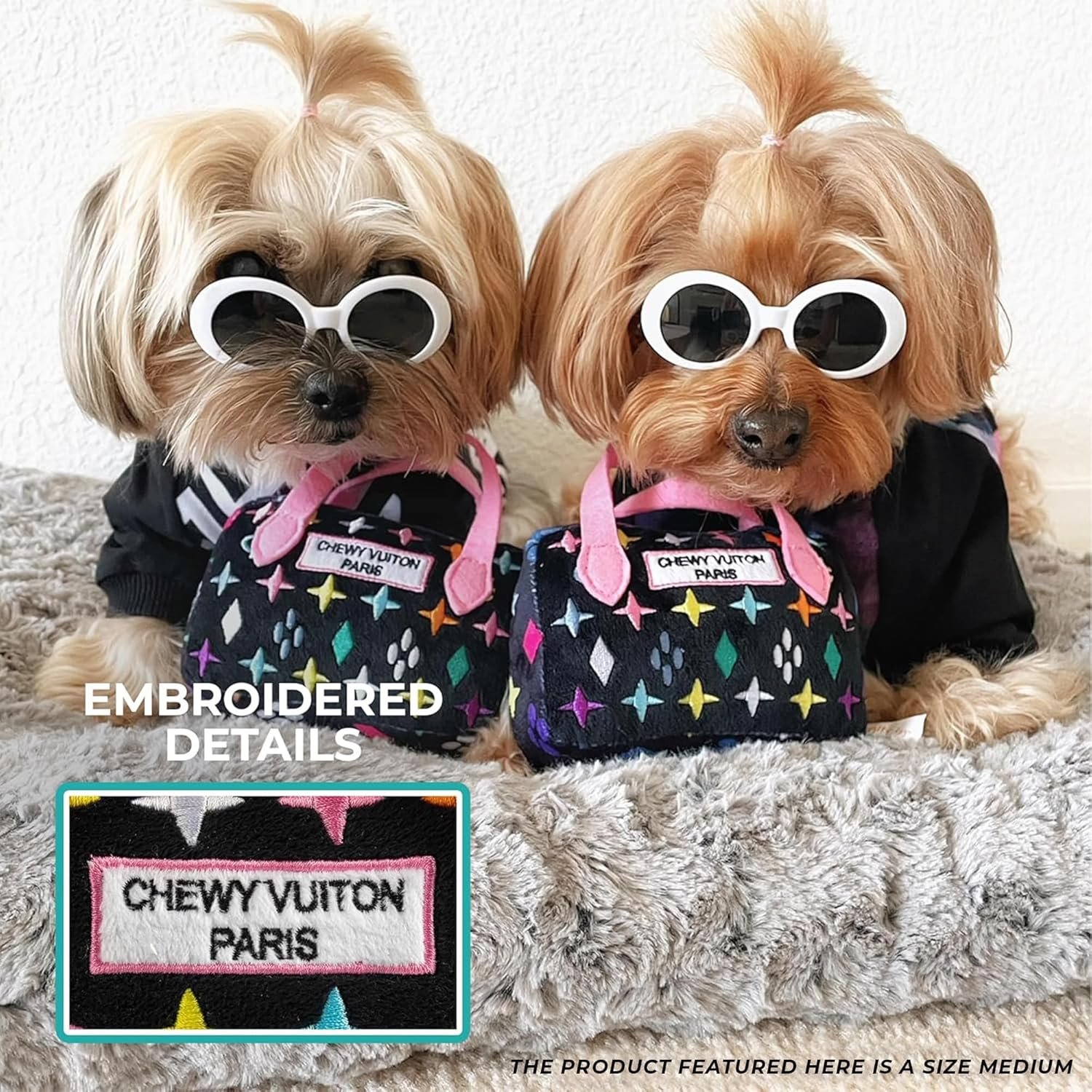 Haute Diggity Dog Black Monogram Chewy Vuiton Handbag, Plush Designer Dog Toys with Interactive Squeaker, Stimulating Pet Enrichment, Machine-Washable & Safe Materials for All Breeds, Size Medium - Image 6