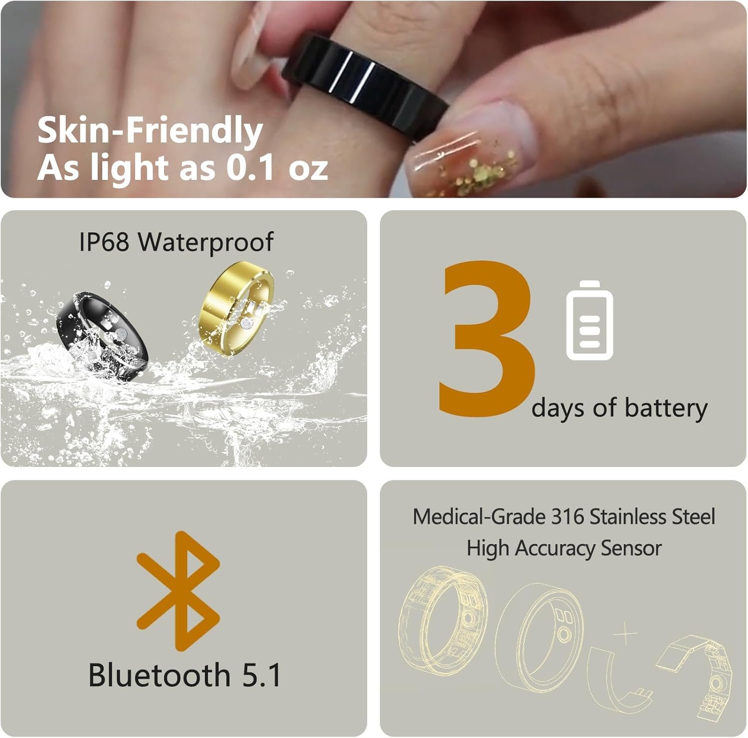 Smart Ring for Men Women,Smart Ring Health Tracker,Health Ring for Sleep Tracking Heart Rate Blood Oxygen/Pressure,Waterproof Outdoor Activity & Fitness Tracker Ring - Image 8