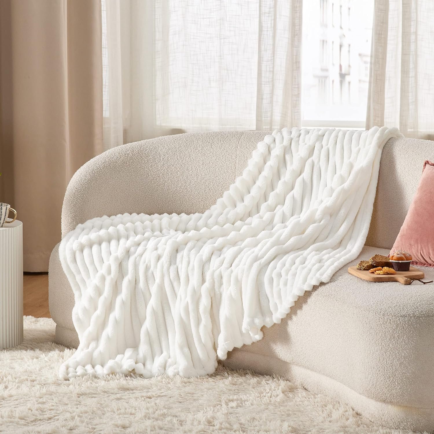 Bedsure White Fleece Throw Blanket for Couch Light Brown Fleece Blanket for Couch - Image 4