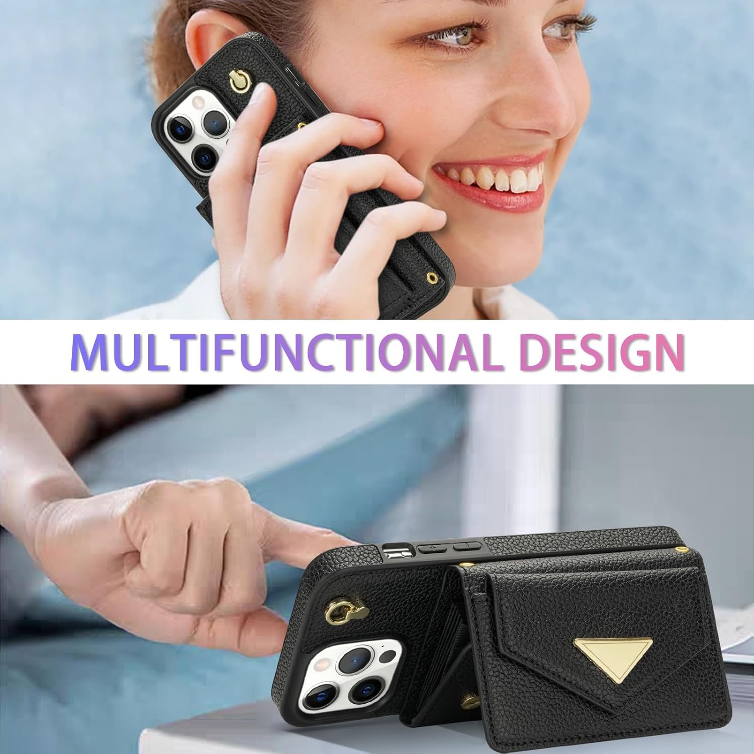 Phone Case for iPhone 15 Pro 6.1 inch Wallet Cover RFID Blocking Credit Card Holder with Crossbody Strap Lanyard Stand Leather Cell Accessories iPhone15Pro 5G i i-Phone i15 iPhone15 15Pro Girls Black - Image 4
