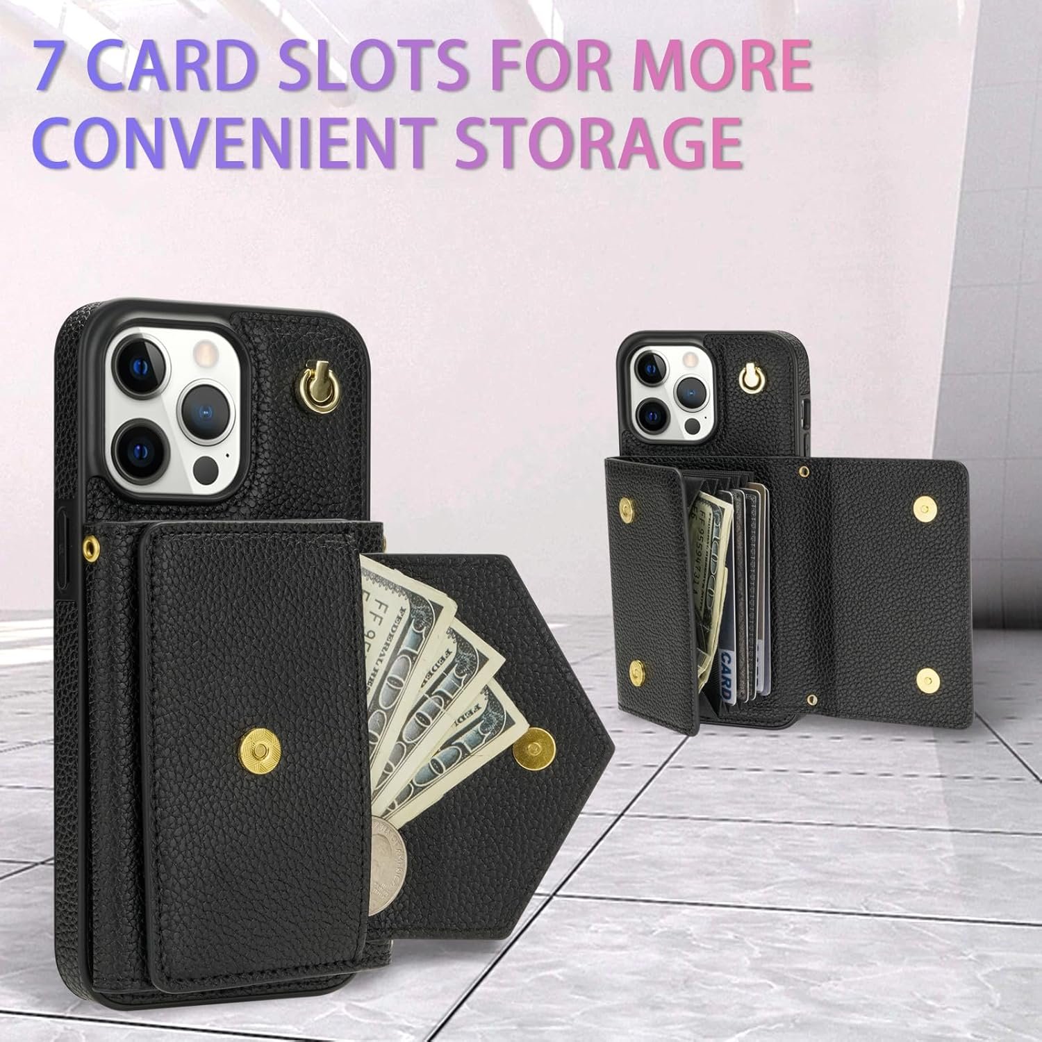 Phone Case for iPhone 15 Pro 6.1 inch Wallet Cover RFID Blocking Credit Card Holder with Crossbody Strap Lanyard Stand Leather Cell Accessories iPhone15Pro 5G i i-Phone i15 iPhone15 15Pro Girls Black - Image 5