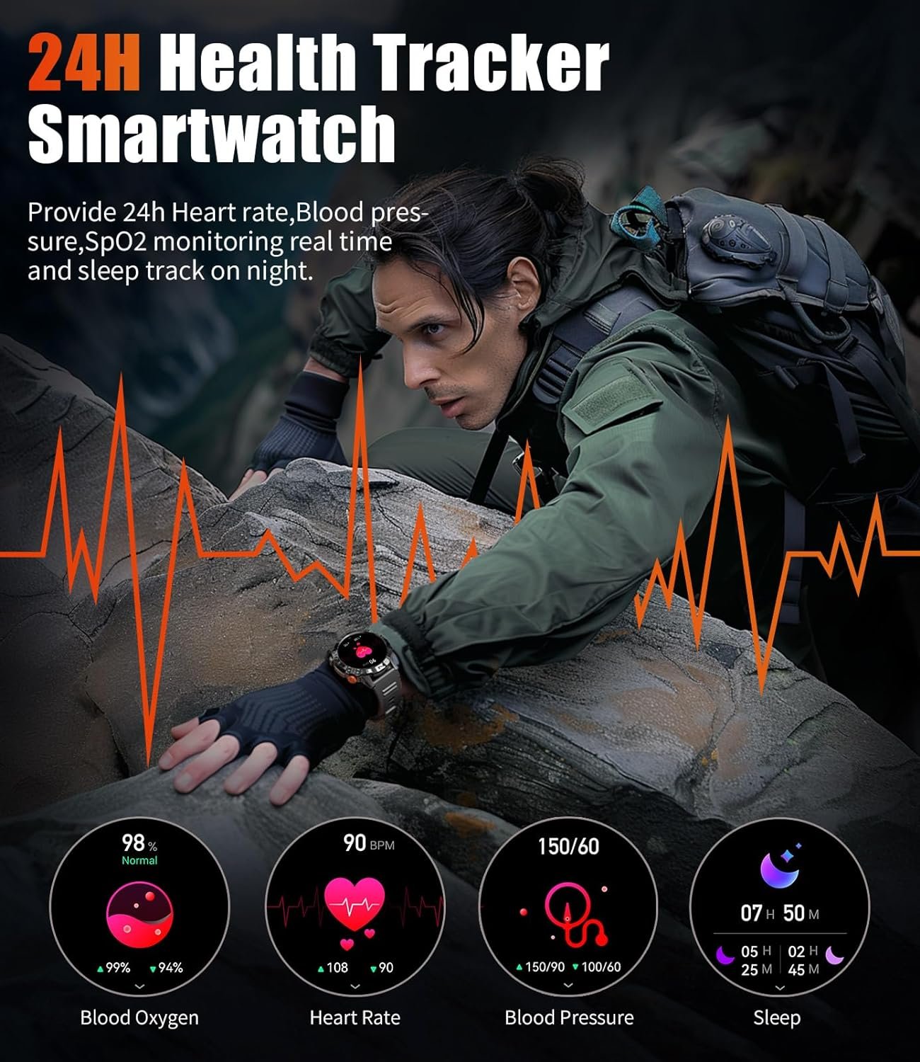 Military Smart Watch for Men(Answer/Make Call) 1.43" AMOLED Smartwatch Heart Rate Blood Pressure Sleep Monitor 126+ Sports Modes Fitness Tracker Step Calorie Counter IP68 Waterproof Andriod iOS - Image 9