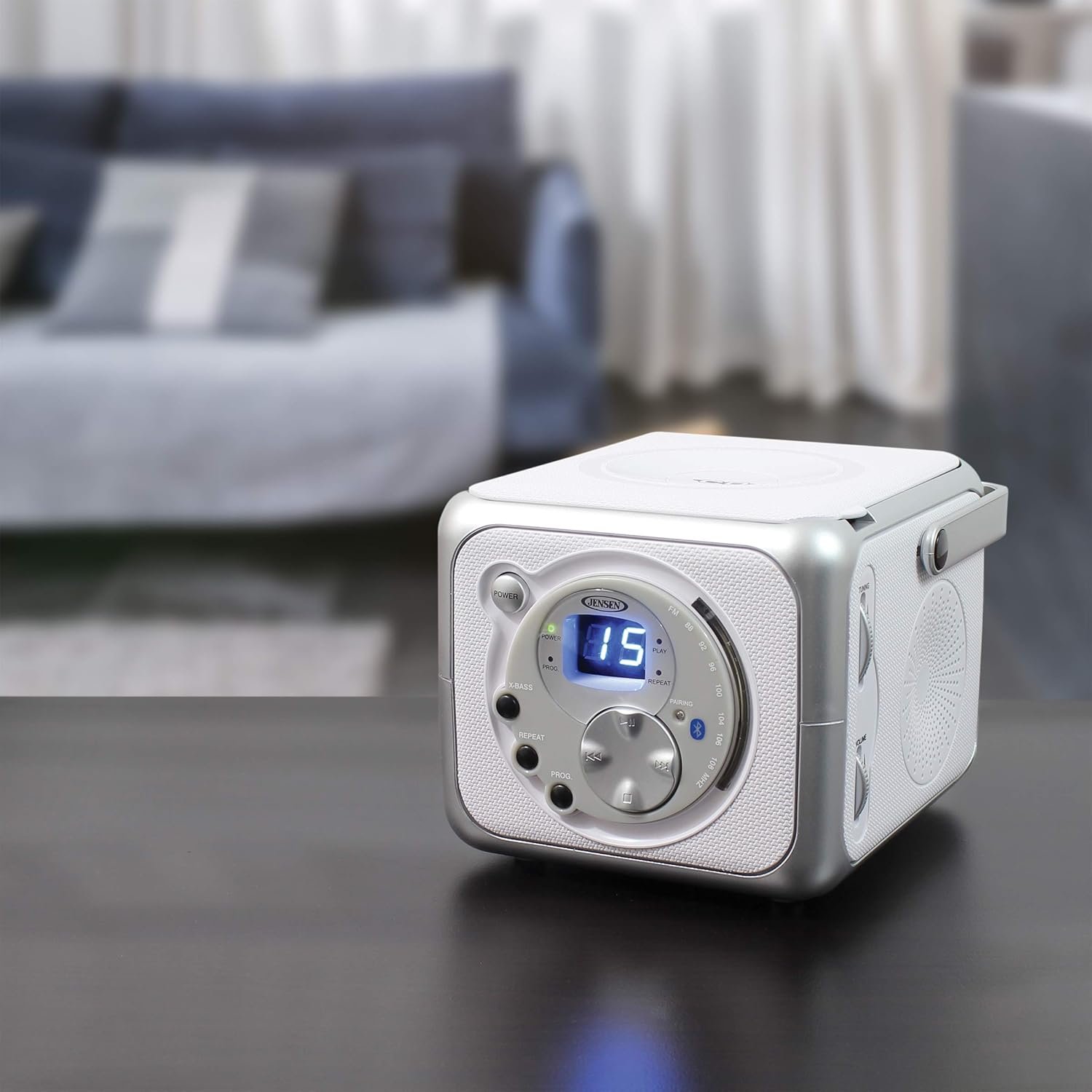 Jensen CD-555 White/Silver CD Bluetooth Boombox Portable Bluetooth Music System with CD Player +CD-R/RW & FM Radio with Aux-in & Headphone Jack Line-In - Image 6