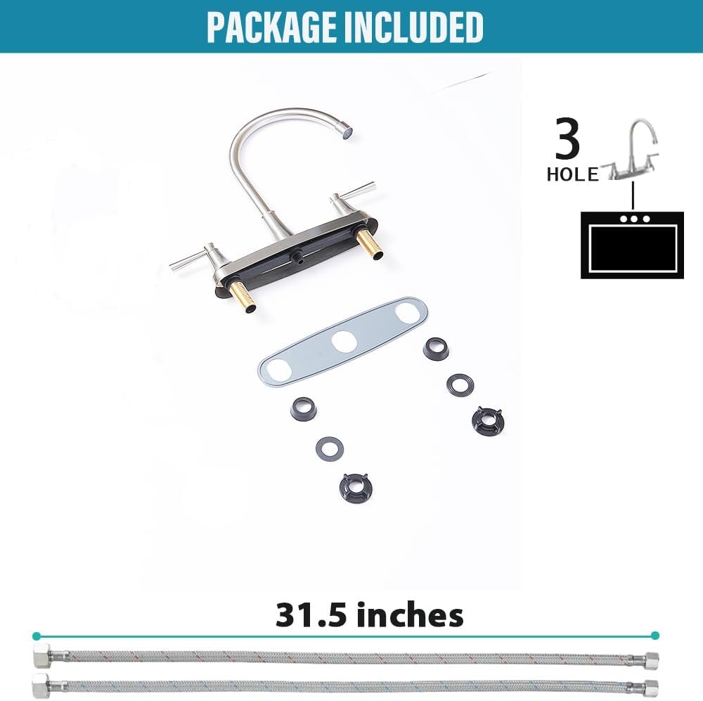 3 Hole Kitchen Faucet, Brushed Nickel Two Handles Kitchen Faucet, RV Kitchen Sink Faucet, 3 Hole or 4 Holel Faucet for Kitchen Sink, Touck Kitchen Faucet, TDLKF029W-L - Image 8