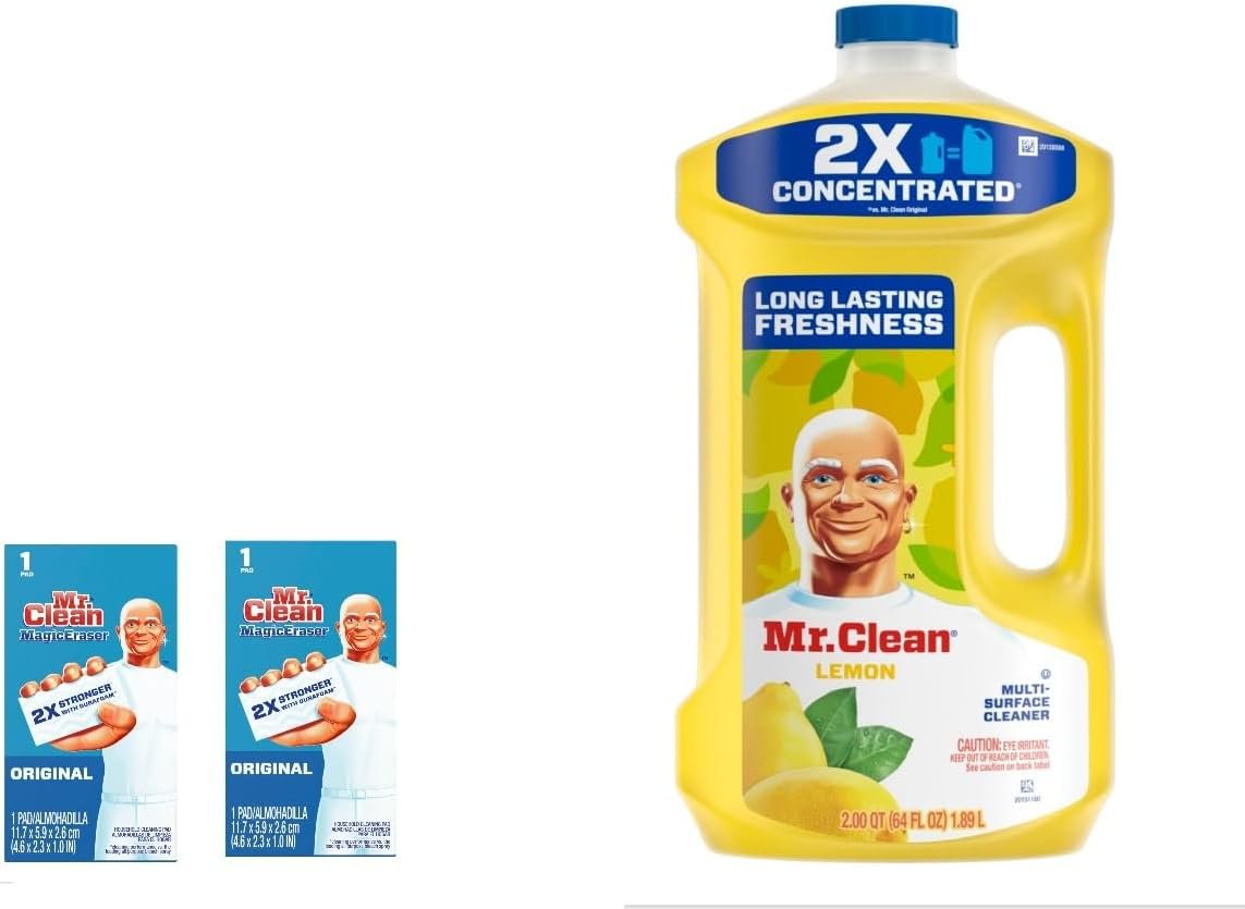 Mr Clean Multi Purpose Lemon Liquid Cleaner 64 Oz and 2 Magic Eraser Original - Image 2