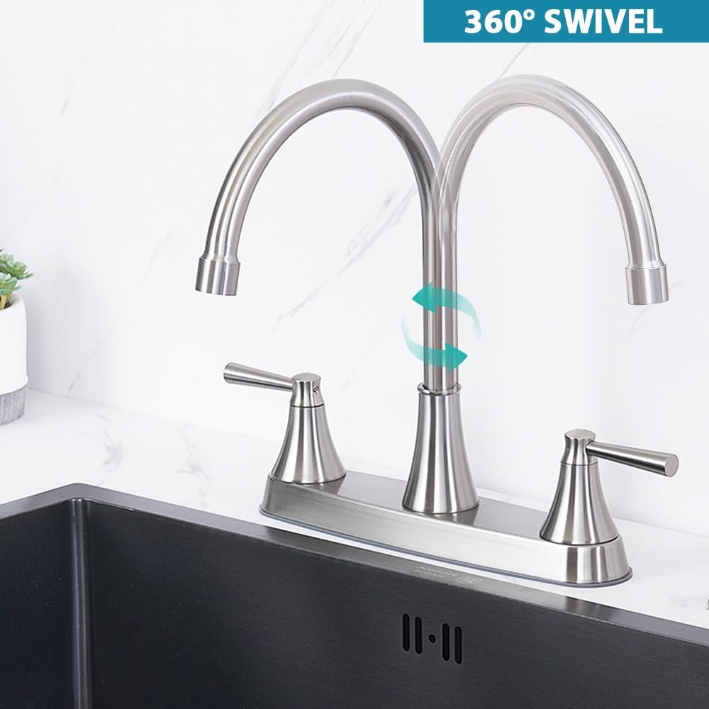 3 Hole Kitchen Faucet, Brushed Nickel Two Handles Kitchen Faucet, RV Kitchen Sink Faucet, 3 Hole or 4 Holel Faucet for Kitchen Sink, Touck Kitchen Faucet, TDLKF029W-L - Image 4
