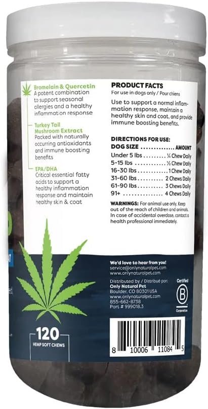 Only Natural Pet Allergy, Skin & Coat Hemp Soft Chews - Allergy Immune Bites for Dogs, Omega 3 Supplement, Hemp Oil - Calming Treats for Itchy Skin Relief, Hot Spot - (120 Count) - Image 8