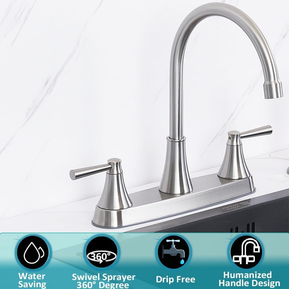 3 Hole Kitchen Faucet, Brushed Nickel Two Handles Kitchen Faucet, RV Kitchen Sink Faucet, 3 Hole or 4 Holel Faucet for Kitchen Sink, Touck Kitchen Faucet, TDLKF029W-L - Image 5
