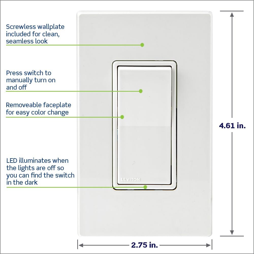 Leviton Decora Smart Switch, Wi-Fi 2nd Gen, Neutral Wire Required, Works with Matter, My Leviton, Alexa, Google Assistant, Apple Home/Siri & Wired or Wire-Free 3-Way, D215S-2RW, White - Image 6