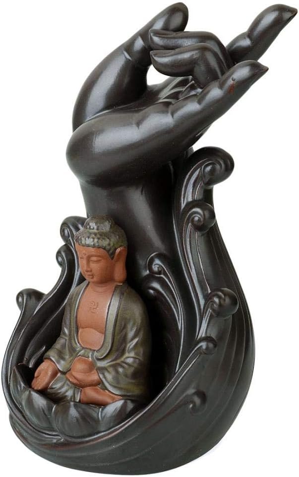 Buddha Lotus Hand Backflow Incense Burner, Home Ceramic Backflow Zen Incense Holder Burner with 10pcs Incense Cone (Buddha) - Image 4