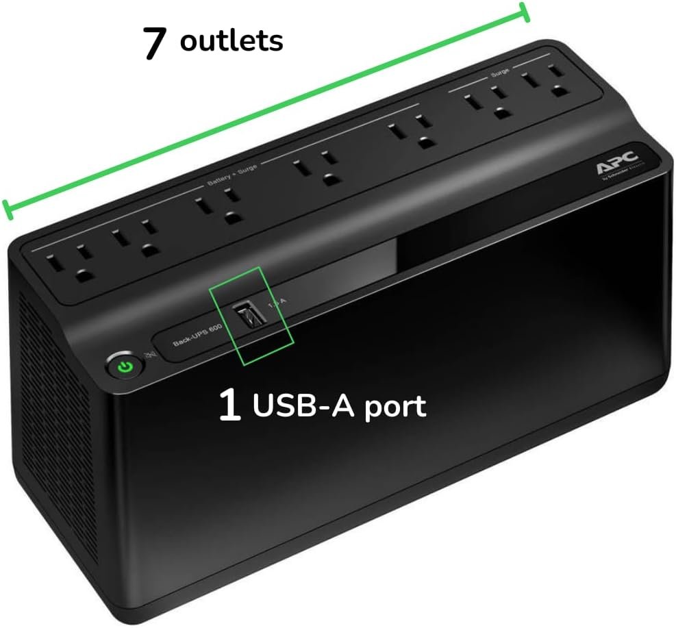APC UPS Battery Backup and Surge Protector, 600VA/300 Watts Backup Battery Power Supply, BE600M1 Back-UPS with USB Charger Port - Image 3