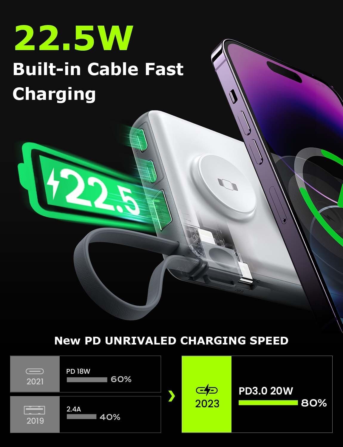 LISEN Magsafe Wireless Power Bank for iPhone 16 Icemag Power Bank, 10000mah Built-in Cable Pack Power Bank Fast Charging 22.5W Portable Charger with Apple Watch Charger Fits iPhone 16 15 14 Pro Plus - Image 8