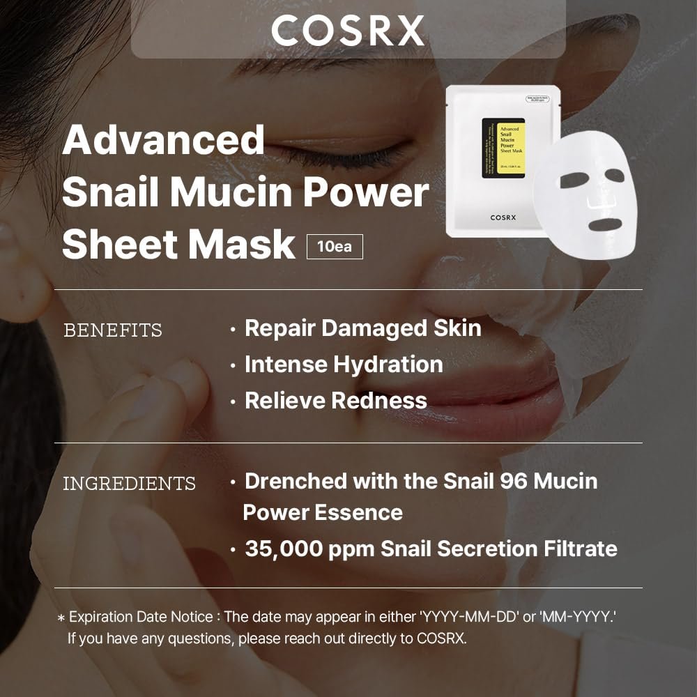 COSRX Snail Mucin Sheet Mask 10 EA with Snail Mucin Serum, Self Care, Face Masks for Dry, Sensitive Skin, Not Tested on Animals, No Parabens, No Sulfates, Korean Skin Care - Image 3