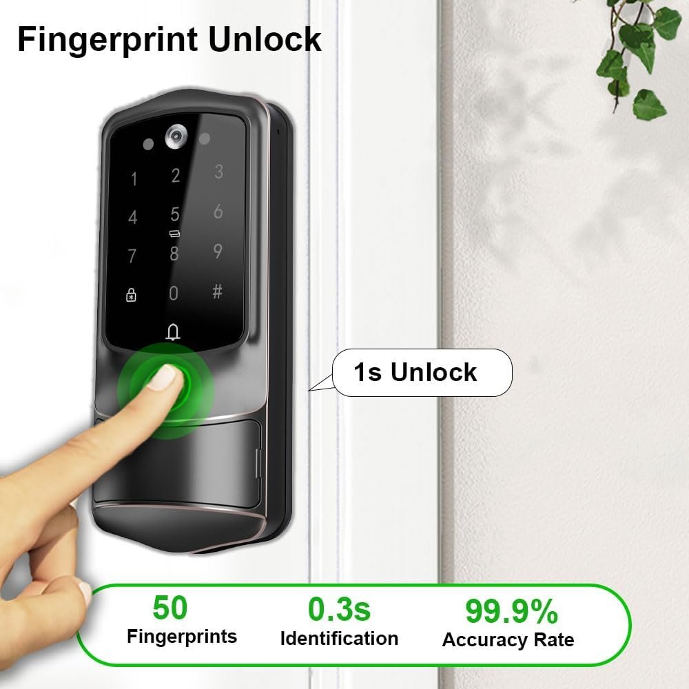 Smart Door Lock with Camera for Front Door, Keyless Door Entry with Doorbell, Electronic & Electric Lock with Deadbolt, Fingerprint, Wi-Fi, Tuya App - Image 5