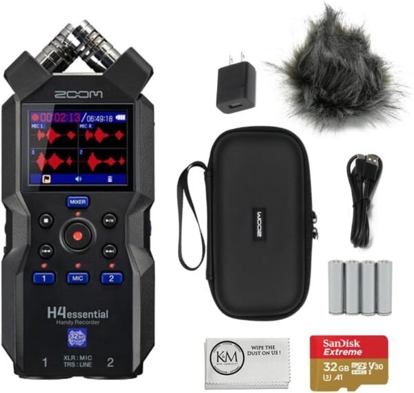 Zoom H4essential 4-Track 32-Bit Float Portable Audio Recorder Bundled APH-4e H4essential Accessory Pack + 32GB Micro-SD Card + AA Batteries + Cleaning Cloth (5 Items) - Image 2