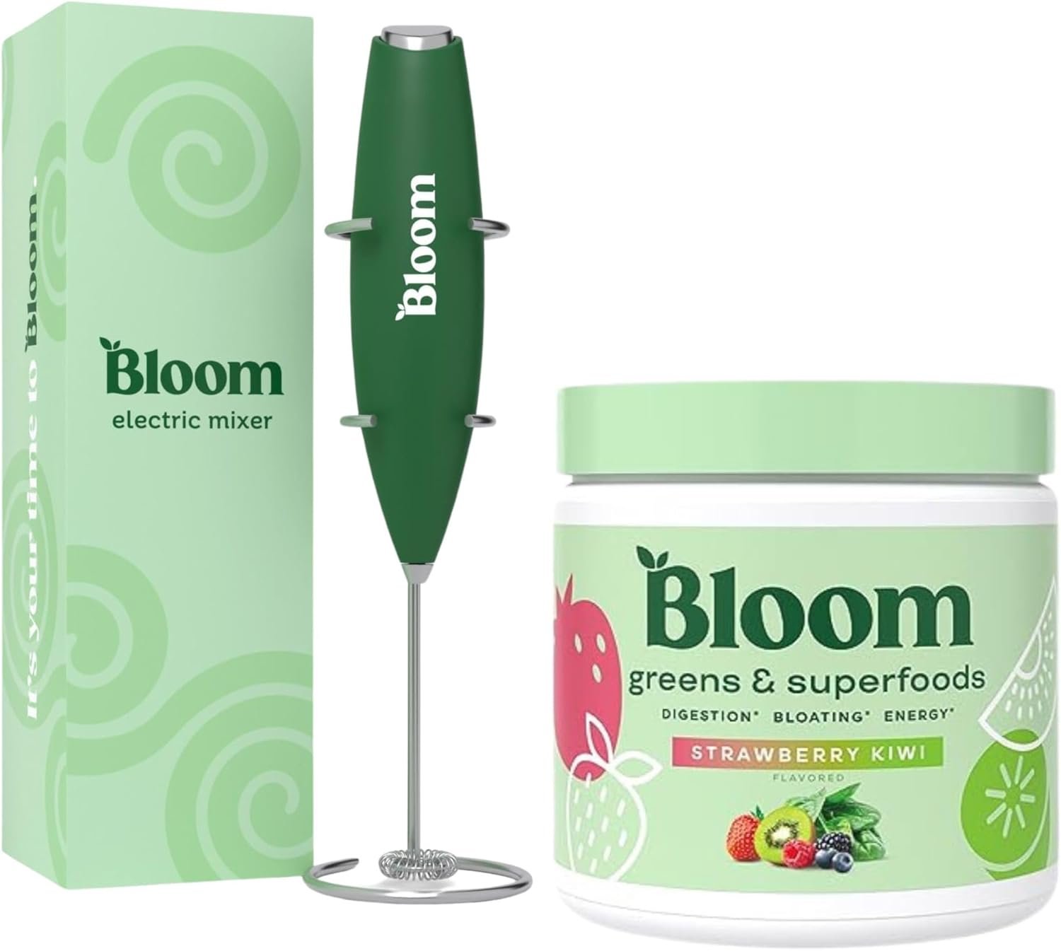 Bloom Nutrition Superfood Greens Powder, Digestive Enzymes with Probiotics and Prebiotics, Gut Health, Bloating Relief, Strawberry Kiwi + Milk Frother High Powered Hand Mixer - Image 2