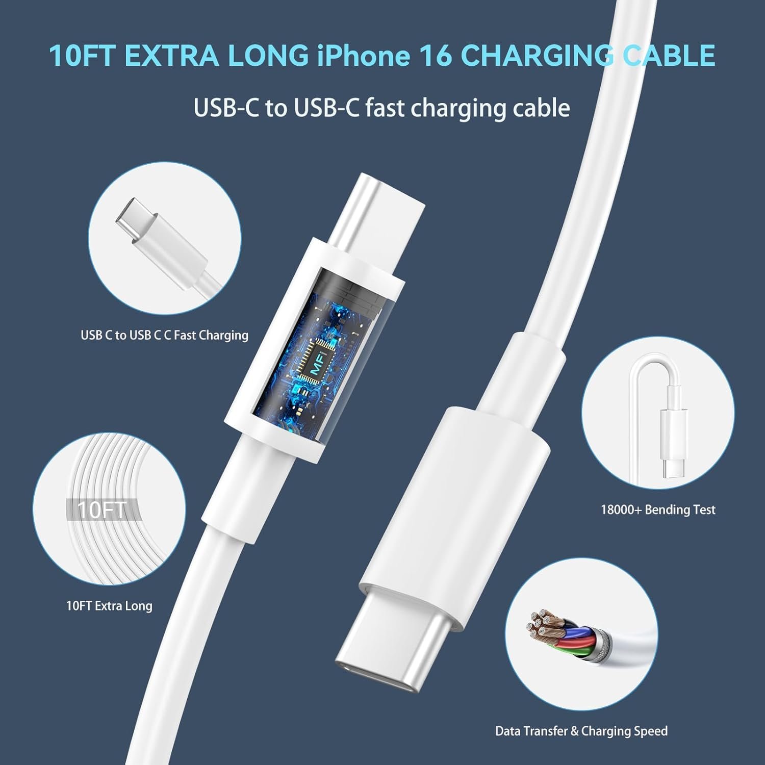 iPhone 16 15 Pro Max Charger Fast Charging USB C Charger Block, 30W USB-C Charger with 10 FT Type C Fast Charging Long Cable Cord for iPhone 16 Pro Max/16 Pro/16 Plus/16/15 Pro Max/15Pro/15/GalaxyS24 - Image 6