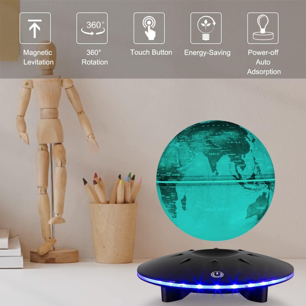 Colorful Levitating Globe with Touch Base, Floating Globe LED Lamp Ball World Map,Magnetic Levitation Room Decor Display Stand, Cool Gadget Gift, Christmas Orgament - Image 3