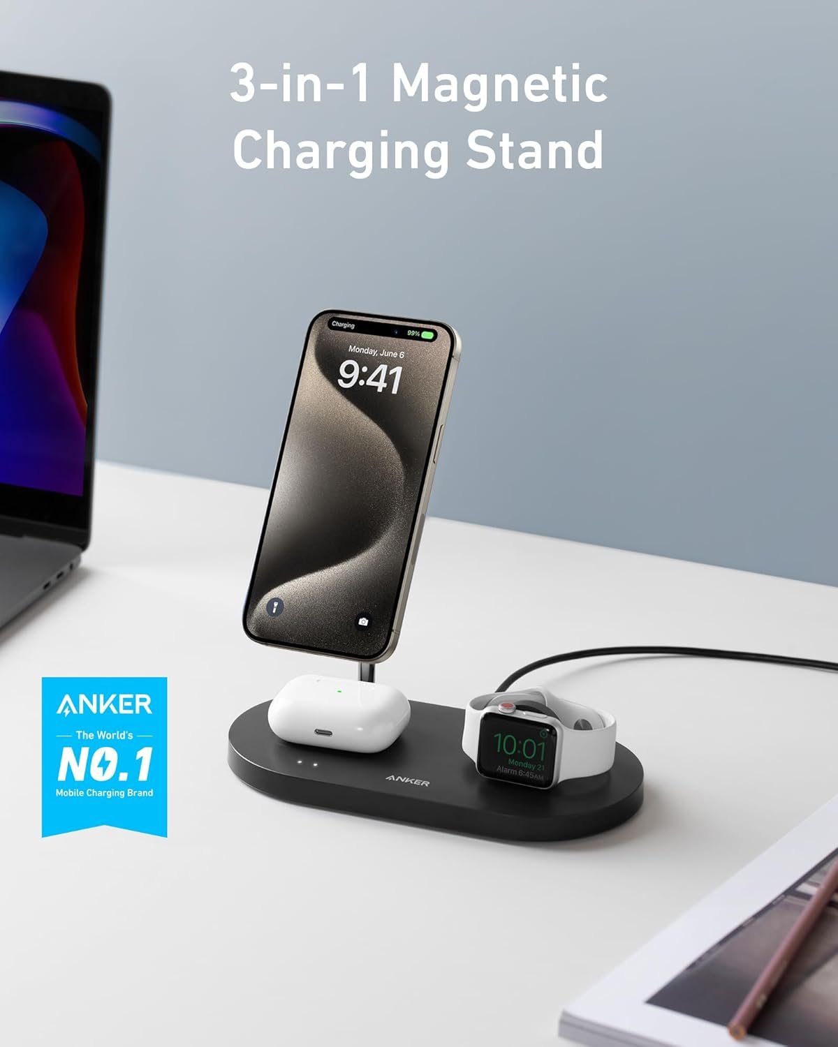 Anker Wireless Charging Station & 20W Charger, 533 Magnetic Wireless Charger (3-in-1 Stand), 5ft USB-C Cable, For iPhone 14 Series, AirPods 3/2/Pro, Apple Watch 1-6 (Watch Cable Not Included) - Image 3